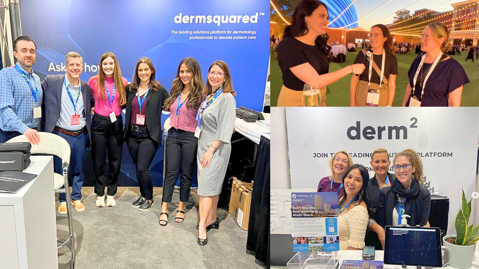 Group of people at a dermatology conference, some being interviewed and others standing near exhibition booths for skincare companies Dermsquared and Derm2, with banners and displays.