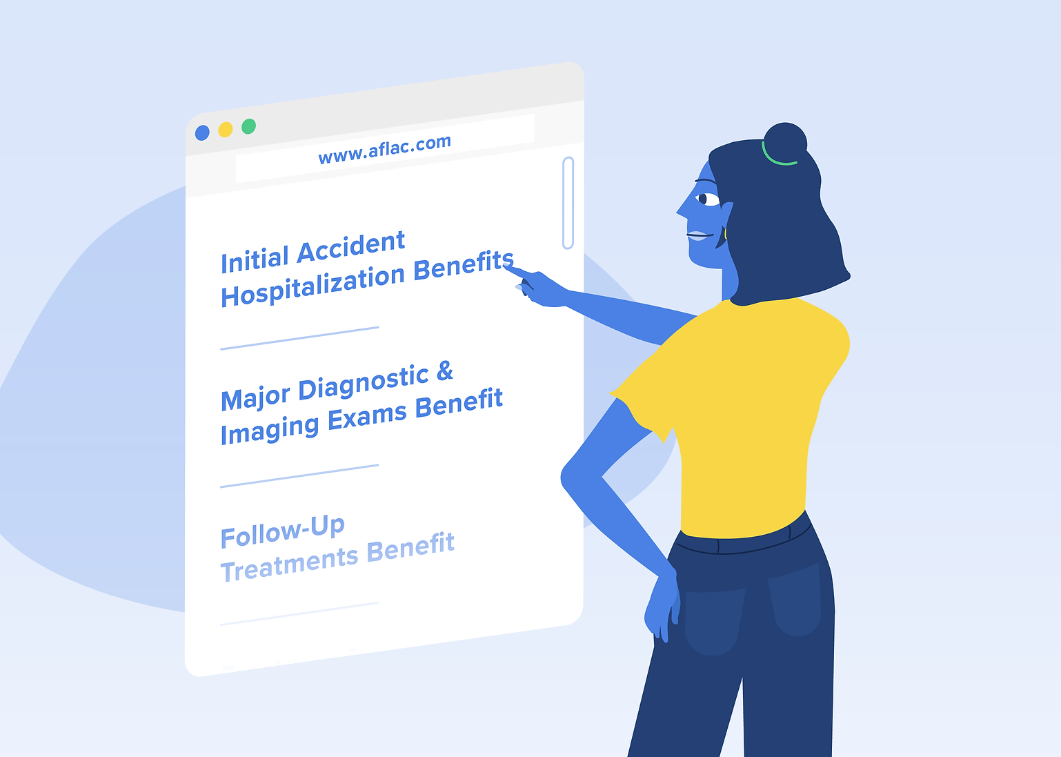 Illustration of a woman pointing at a webpage with the title 'Initial Accident Hospitalization Benefits'. The webpage also shows titles 'Major Diagnostic & Imaging Exams Benefit' and 'Follow-Up Treatments Benefit'.