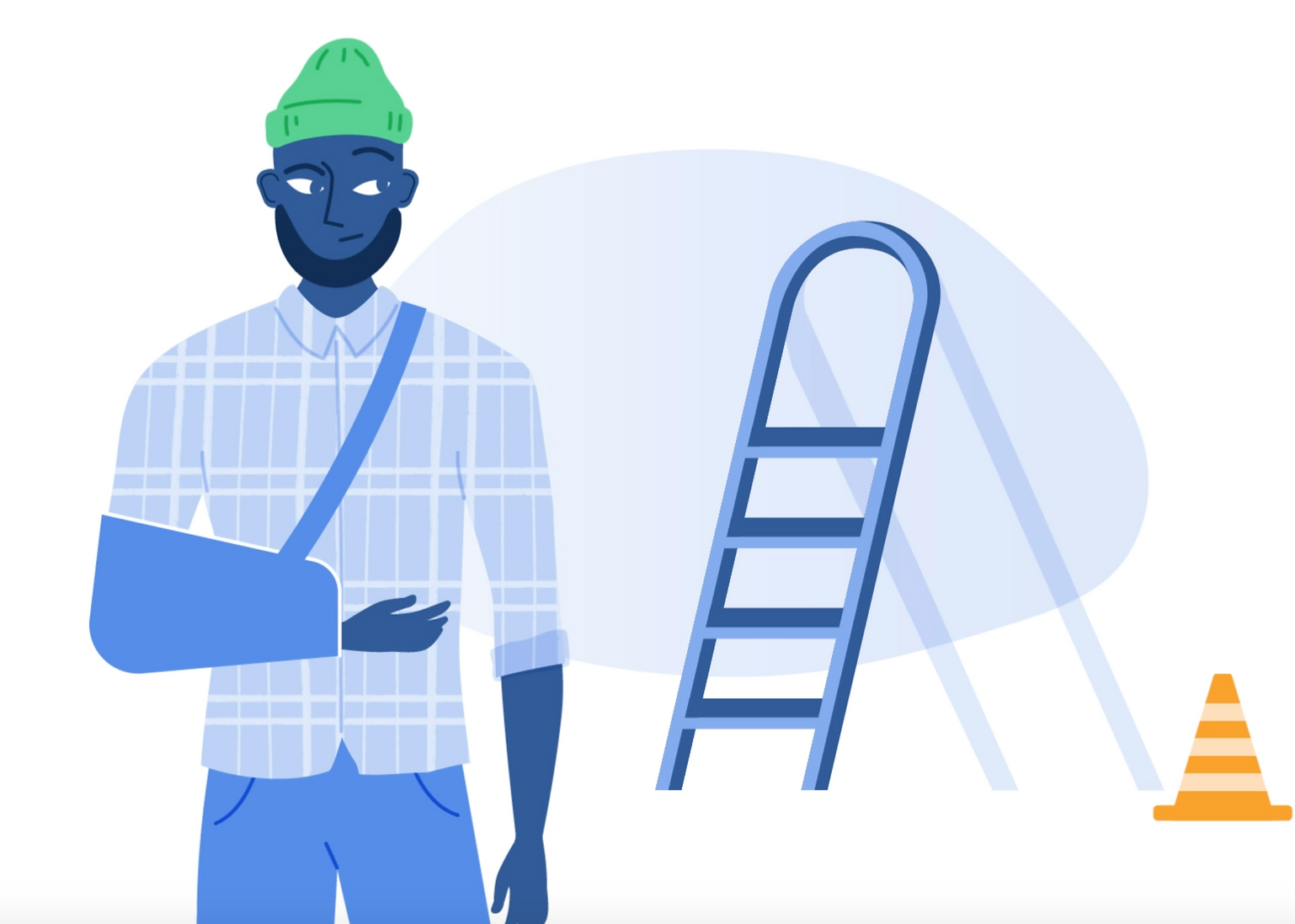 Illustration of a man with a blue arm sling, wearing a green beanie, plaid shirt, and standing near a ladder and traffic cone.