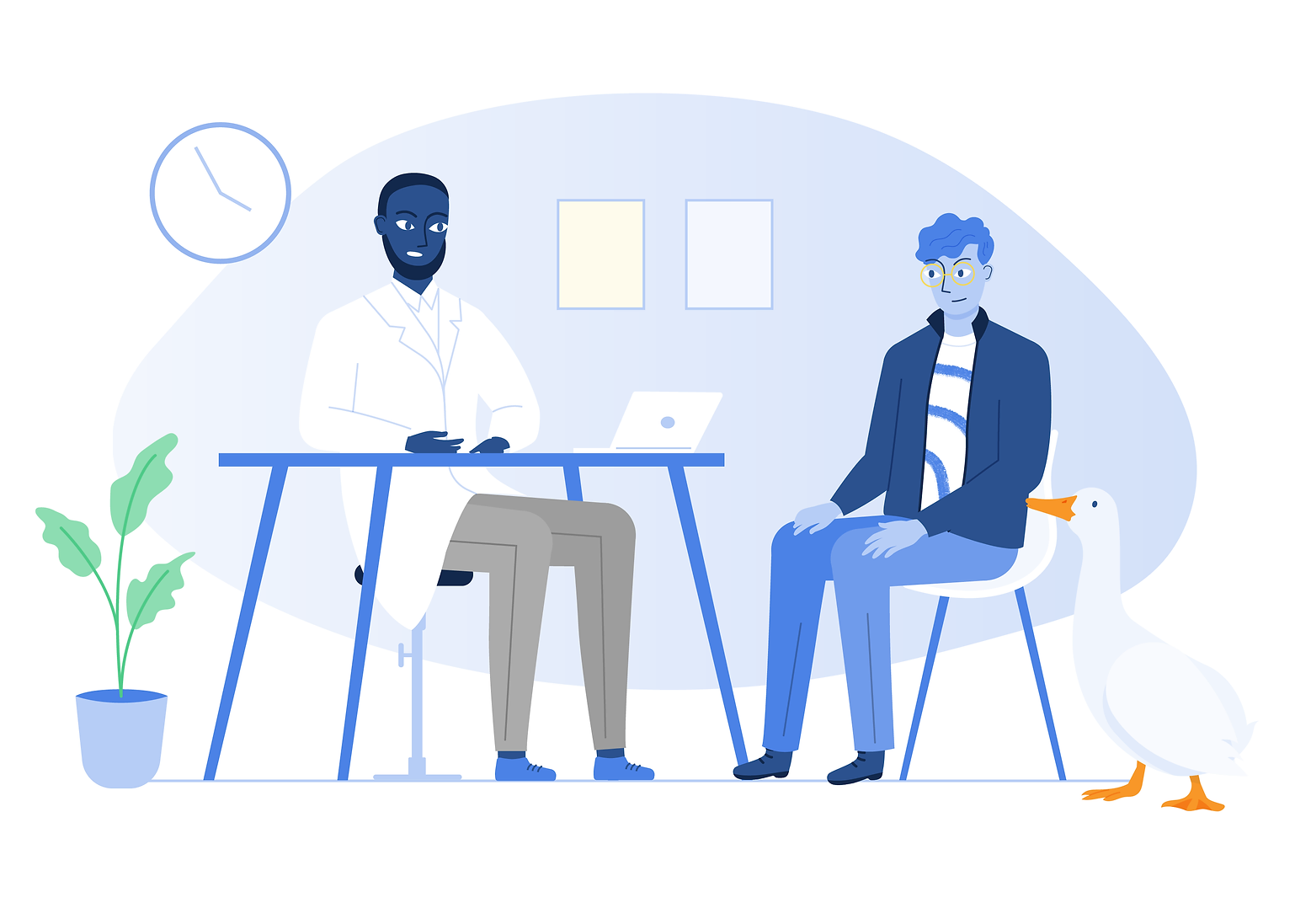 A doctor and a patient in a consultation room with a duck on the floor, a plant, a clock, and two framed pictures on the wall.