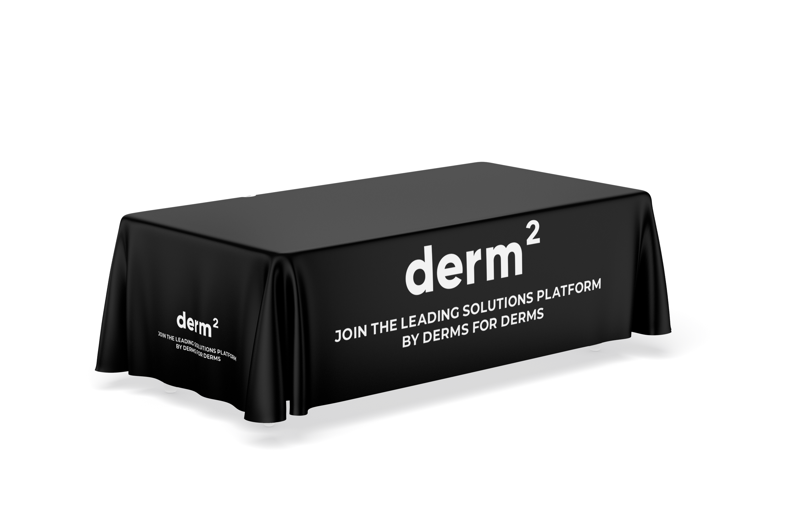 Black tablecloth with white text promoting derm squared platform for dermatology solutions.