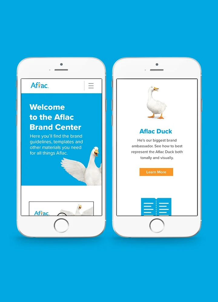Two smartphones showing Aflac brand center app; one with welcome message and a cartoon duck, the other with an image of a duck and a learn more button.