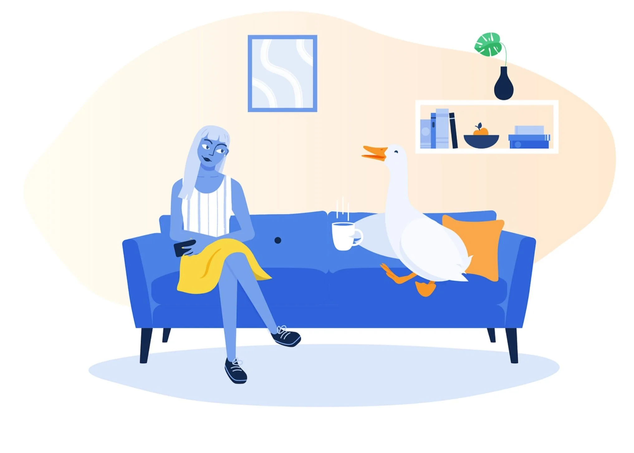 A woman with light blue skin sitting on a blue sofa, holding a smartphone, with a white goose sitting next to her on the sofa. There is a steaming cup of coffee or tea and an orange pillow on the sofa. The room has a light-colored wall, a framed artwork, a shelf with books and a bowl, and a black vase with a green leaf on the wall.