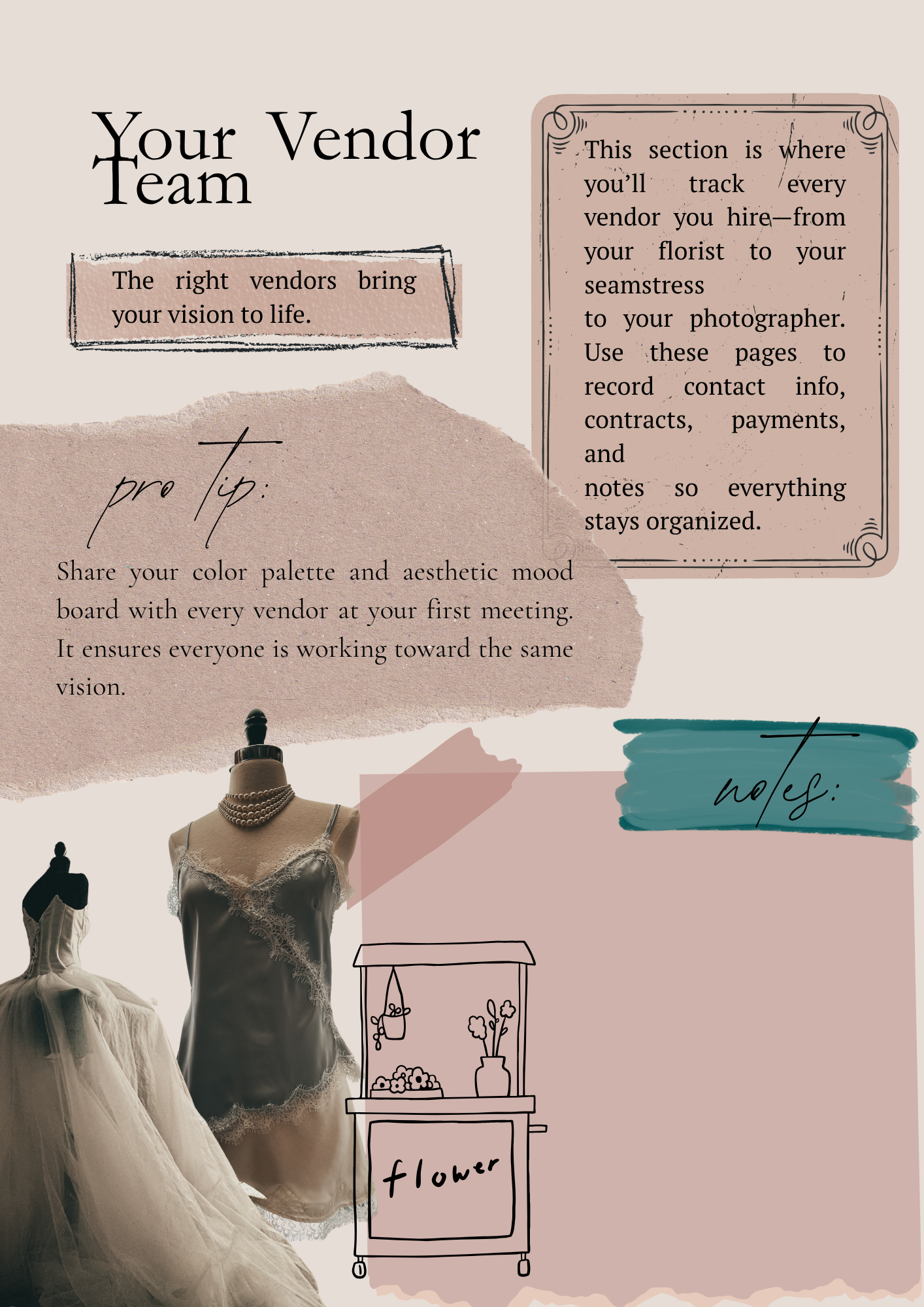 Design layout with text instructing vendor team management, displaying mannequins dressed in elegant dresses, and illustrations of furniture and flowers for organizational tips.