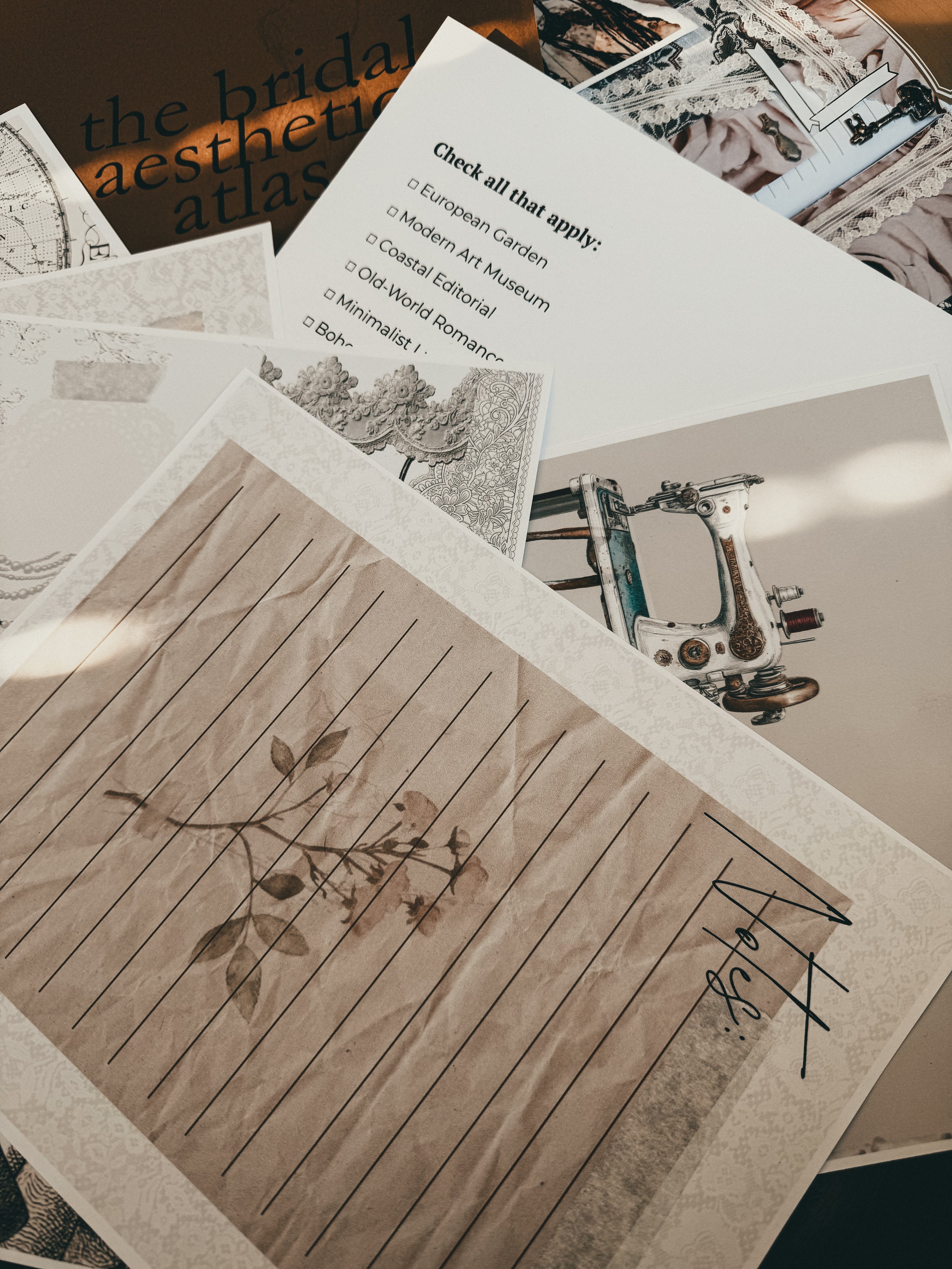 A collection of papers and photographs, including a checklist, a floral notebook page, and images of vintage sewing machines and lace fabric.