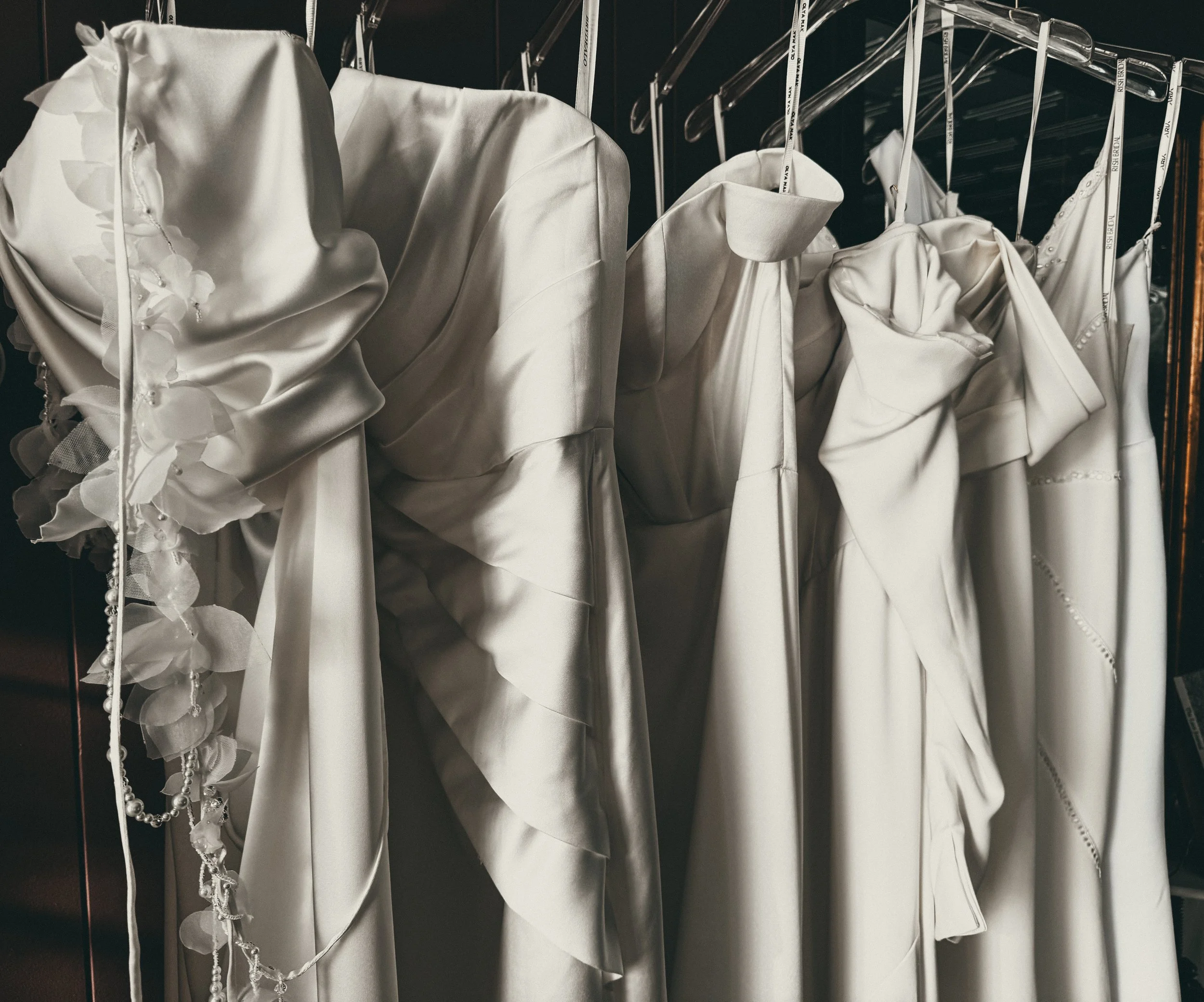 Architectural ruffle detail on a sculpted minimalist wedding gown at Art & Lace Bridal in Somerset, MA.
