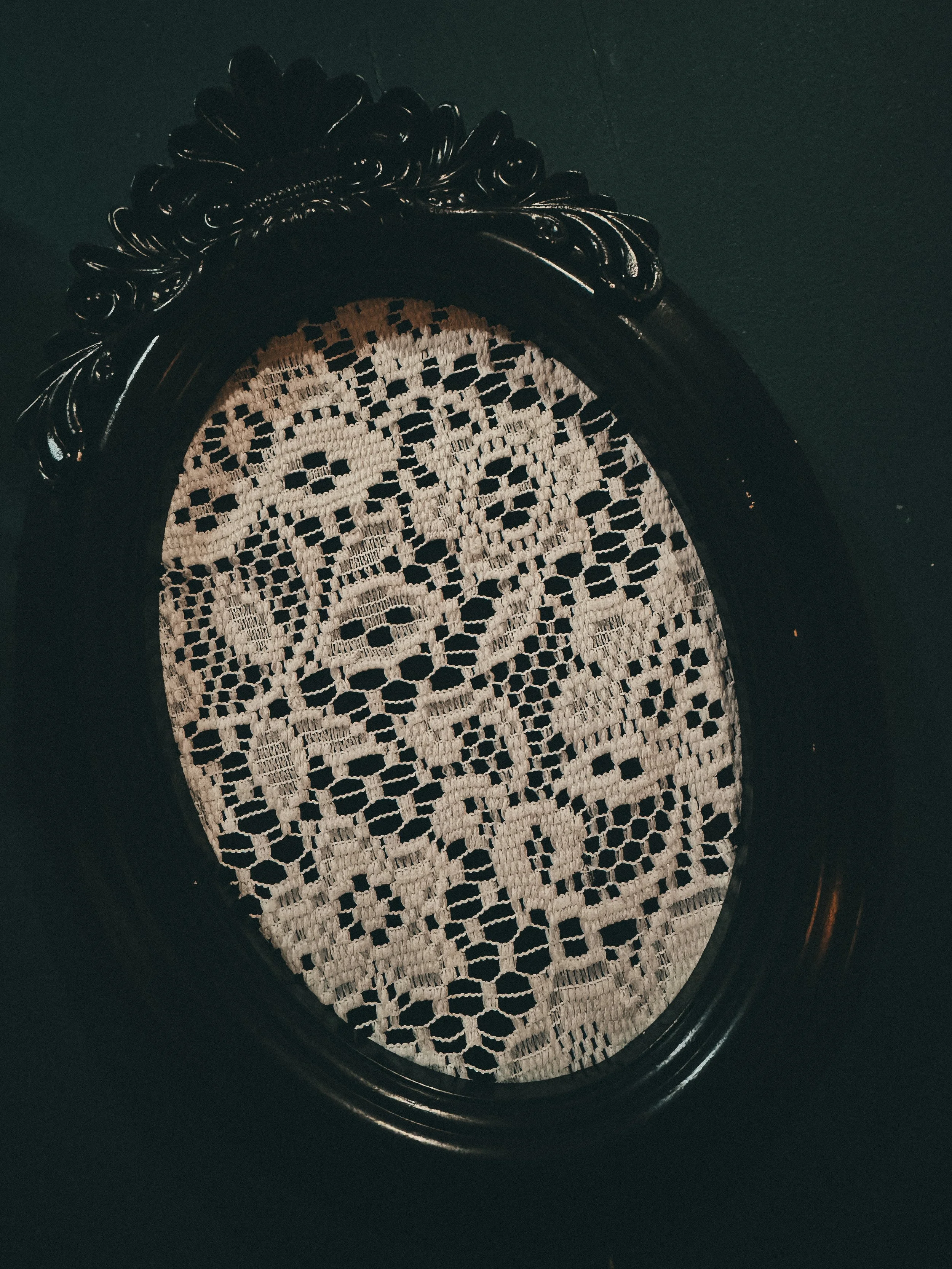Vintage ivory lace framed in an ornate oval frame — Custom Heirloom Keepsakes by Art & Lace Bridal Atelier, Somerset MA.