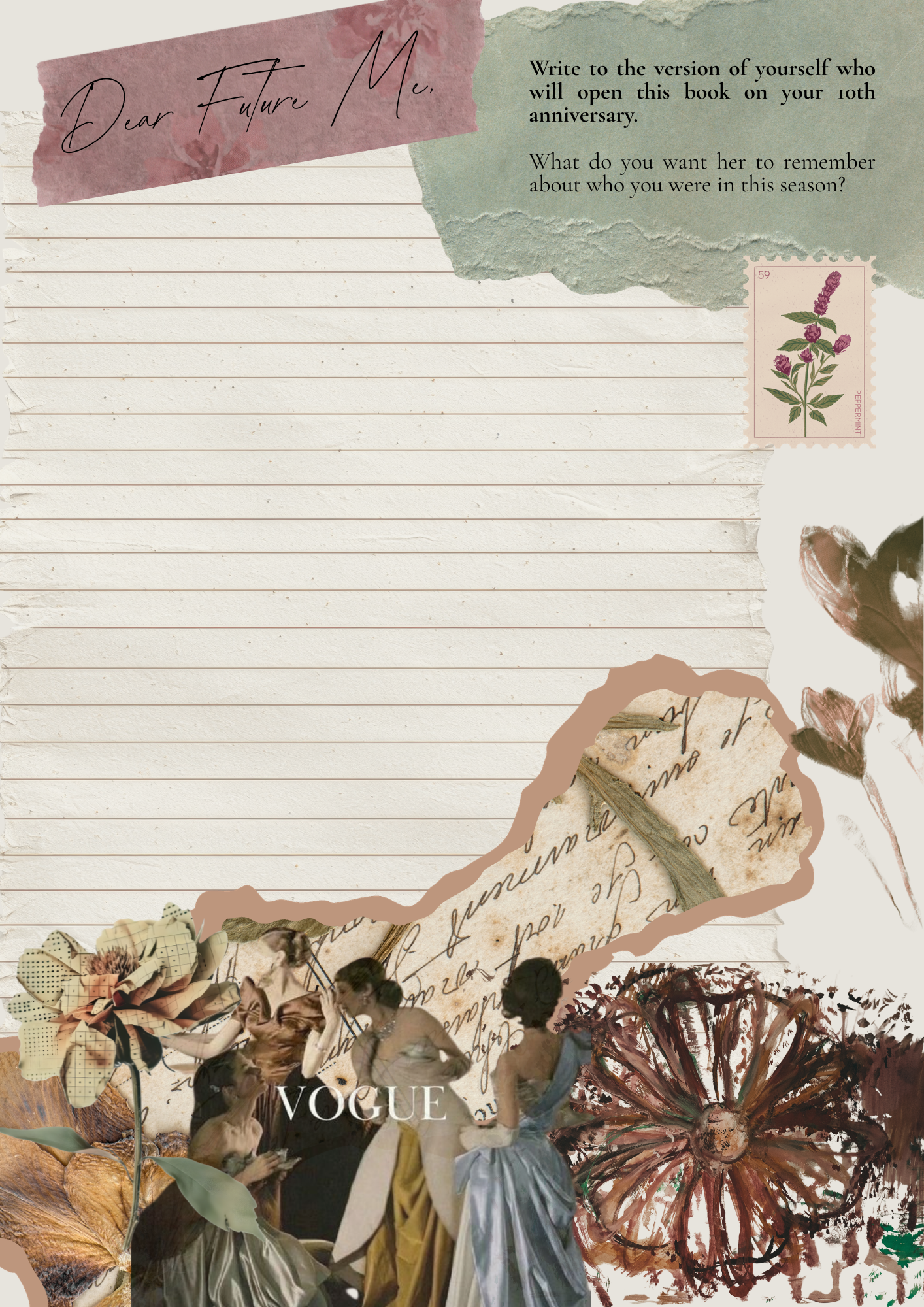 A collage-style stationery sheet titled 'Dear Future Me' featuring torn paper textures, a purple flowering plant stamp, vintage handwritten script, a vintage fashion illustration of women in elegant dresses, dried flower illustrations, and a 'VOGUE' magazine cover.