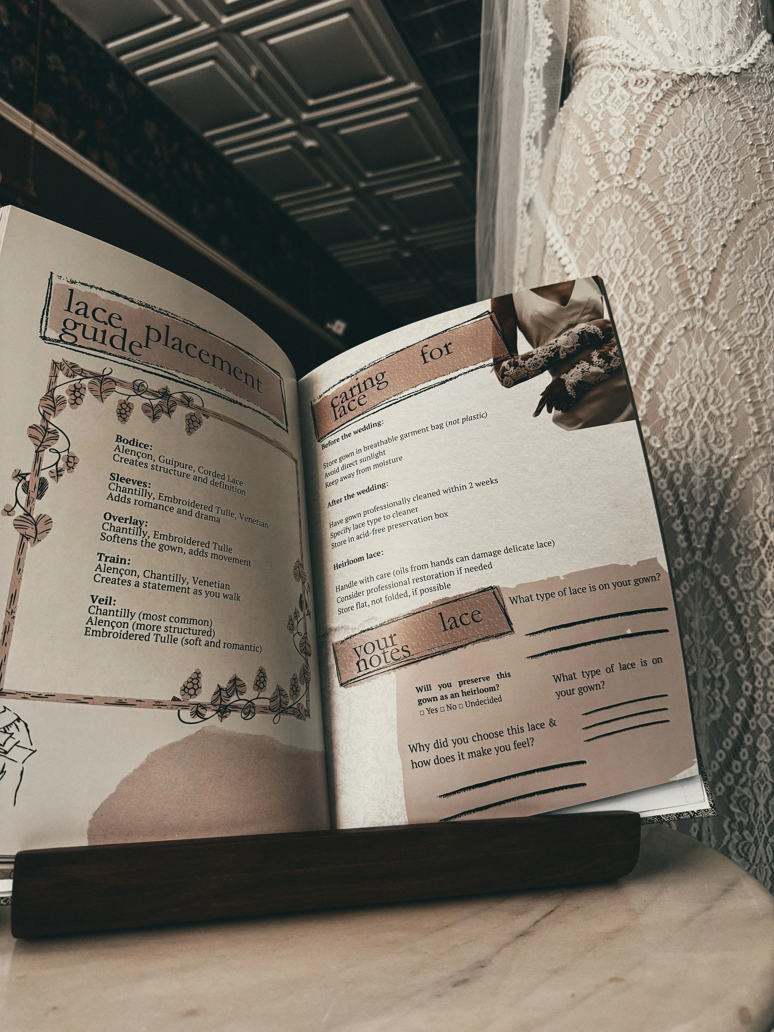 Interior spread of The Lace Journal featuring the lace placement guide — 154 pages of bridal aesthetic education by Samantha Almeida.