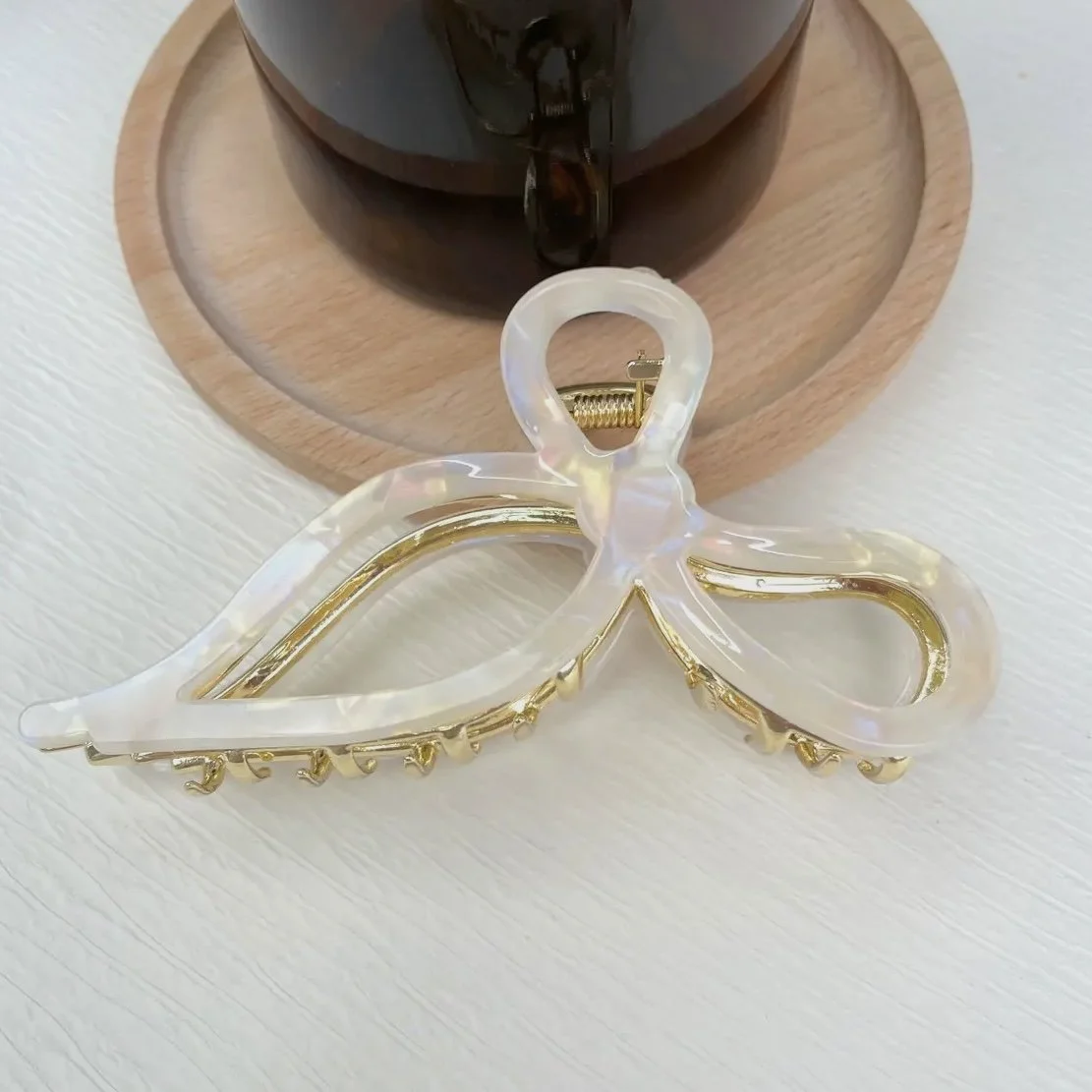 White Bow Hair Clip with Gold Metal Claw