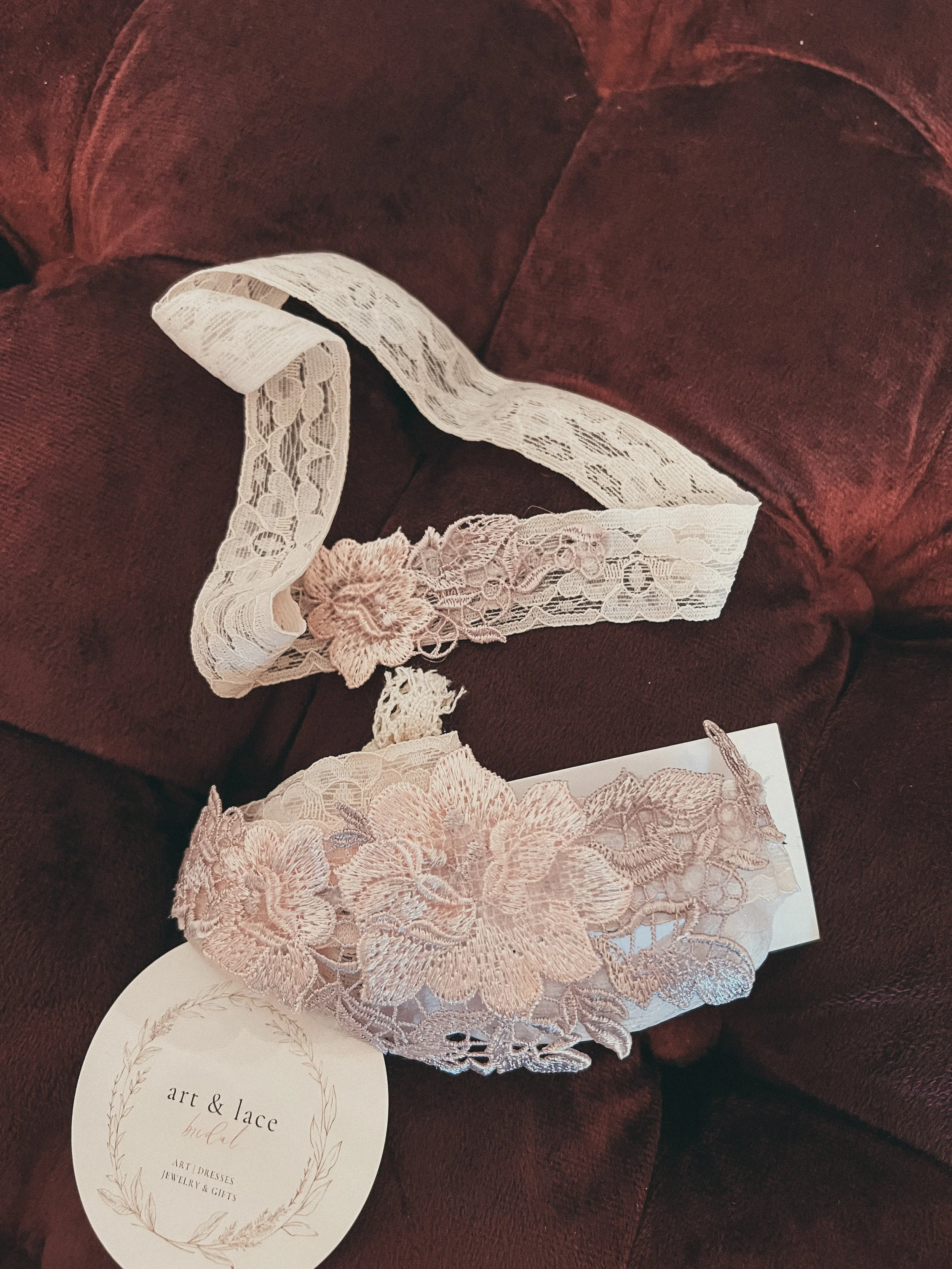 Detail of the Pink Floral Lace Garter showing the trailing satin ribbon and floral lace band