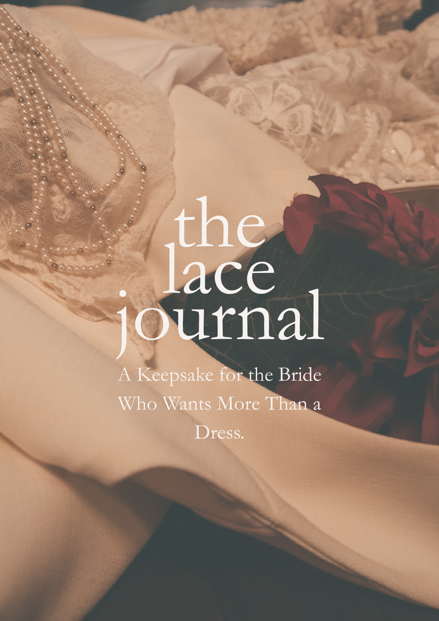 A keepsake box with pearl necklaces, lace, a white fabric, and a red rose inside.