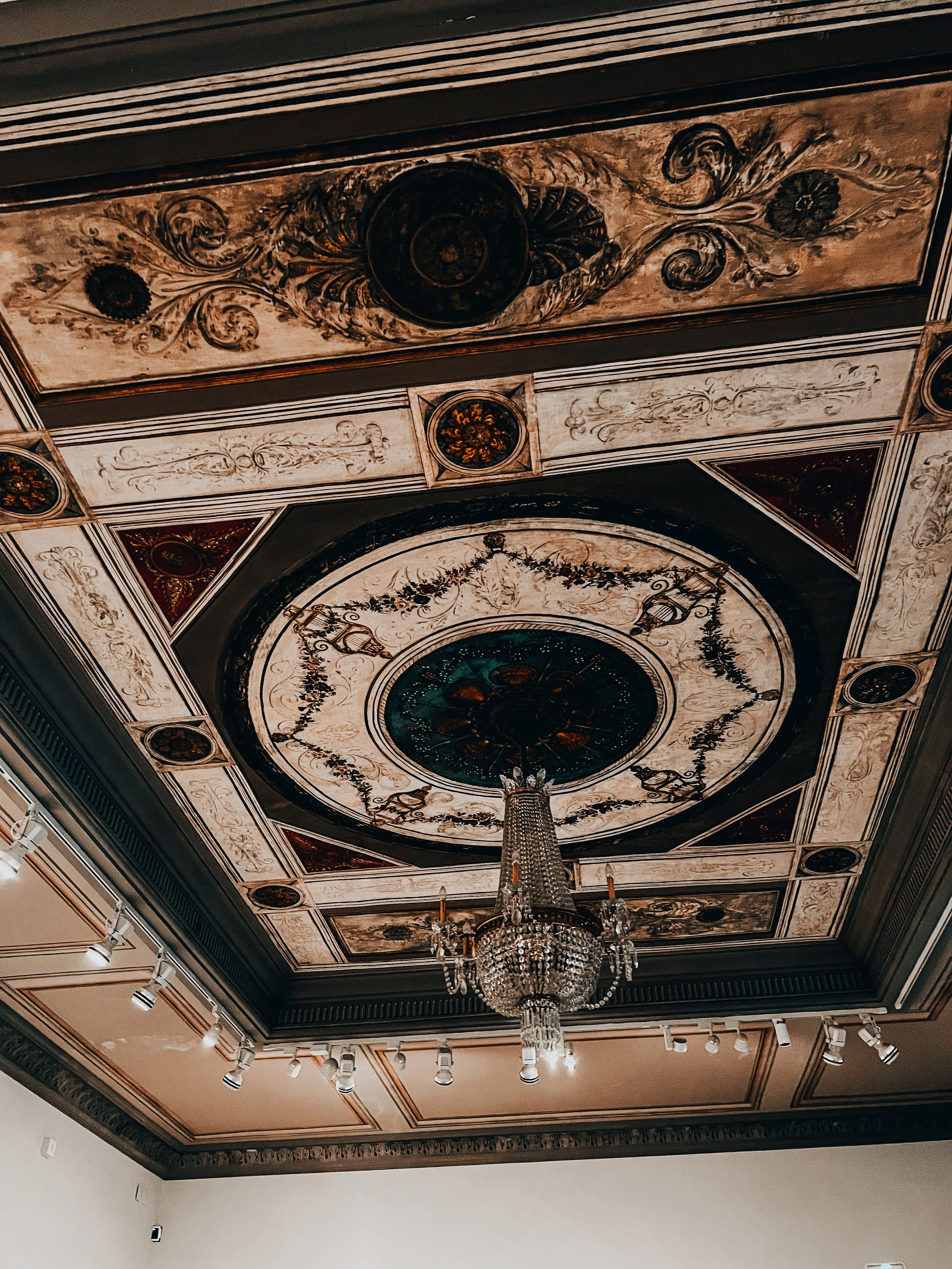 Decorative ornate ceiling with floral and geometric patterns, a chandelier hanging from the center, and track lighting along the edges.