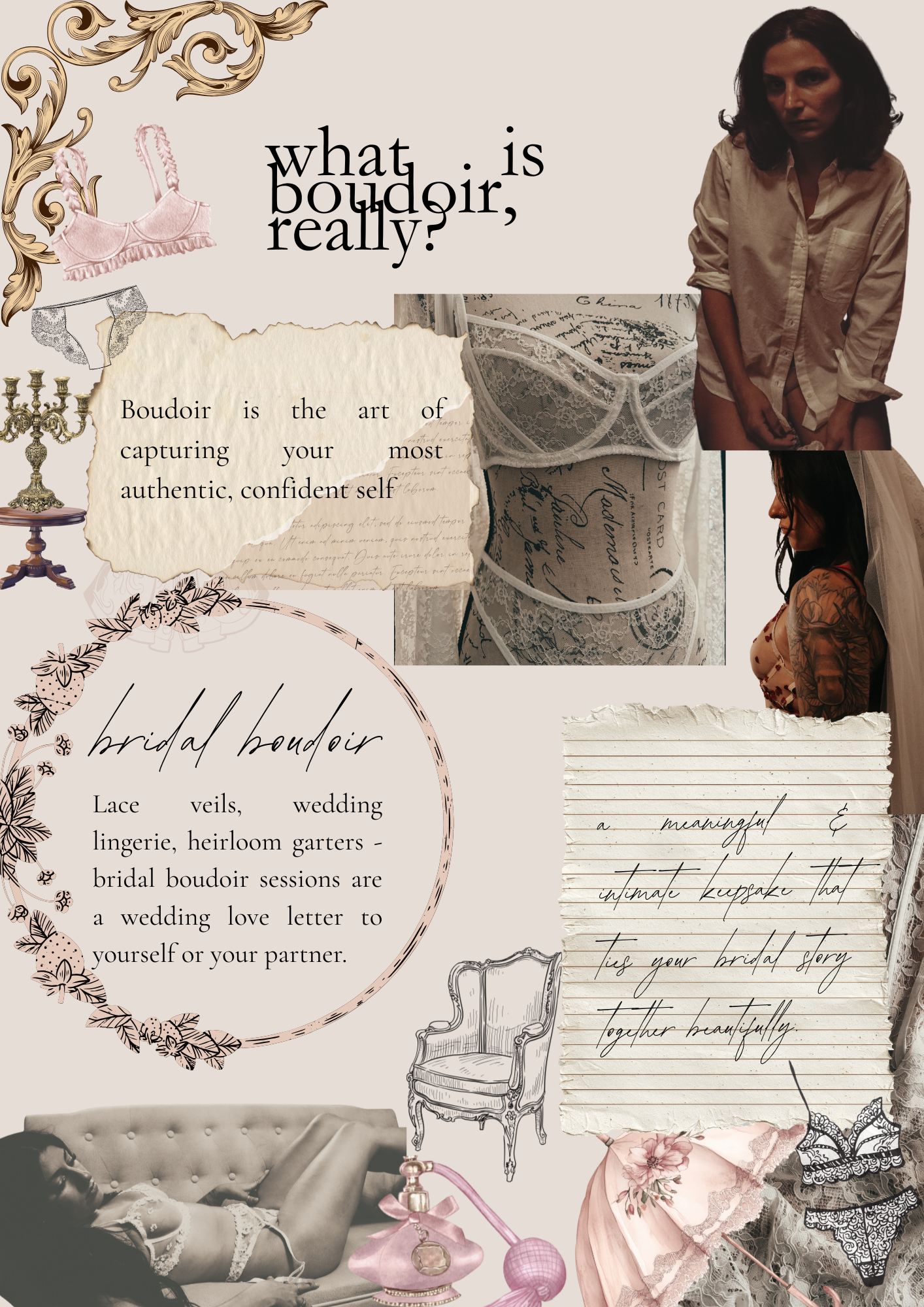 Collage with bridal lingerie, lace veil, vintage furniture sketches, and photos of women in bridal lingerie and tattoos, with text about boudoir and bridal boudoir art and sessions.