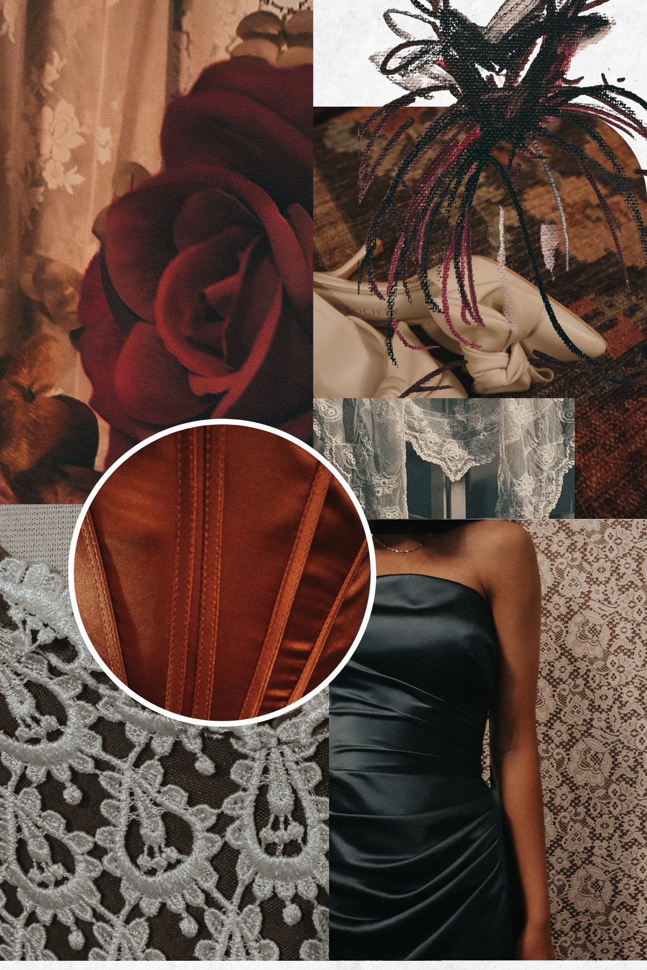 Collage of various fashion and decorative items including a red rose, a close-up of a piece of clothing with red stitching, lace fabric, a black satin dress, a potted plant with dark purple and pink leaves, a set of lace curtains, and a toiletry bag.