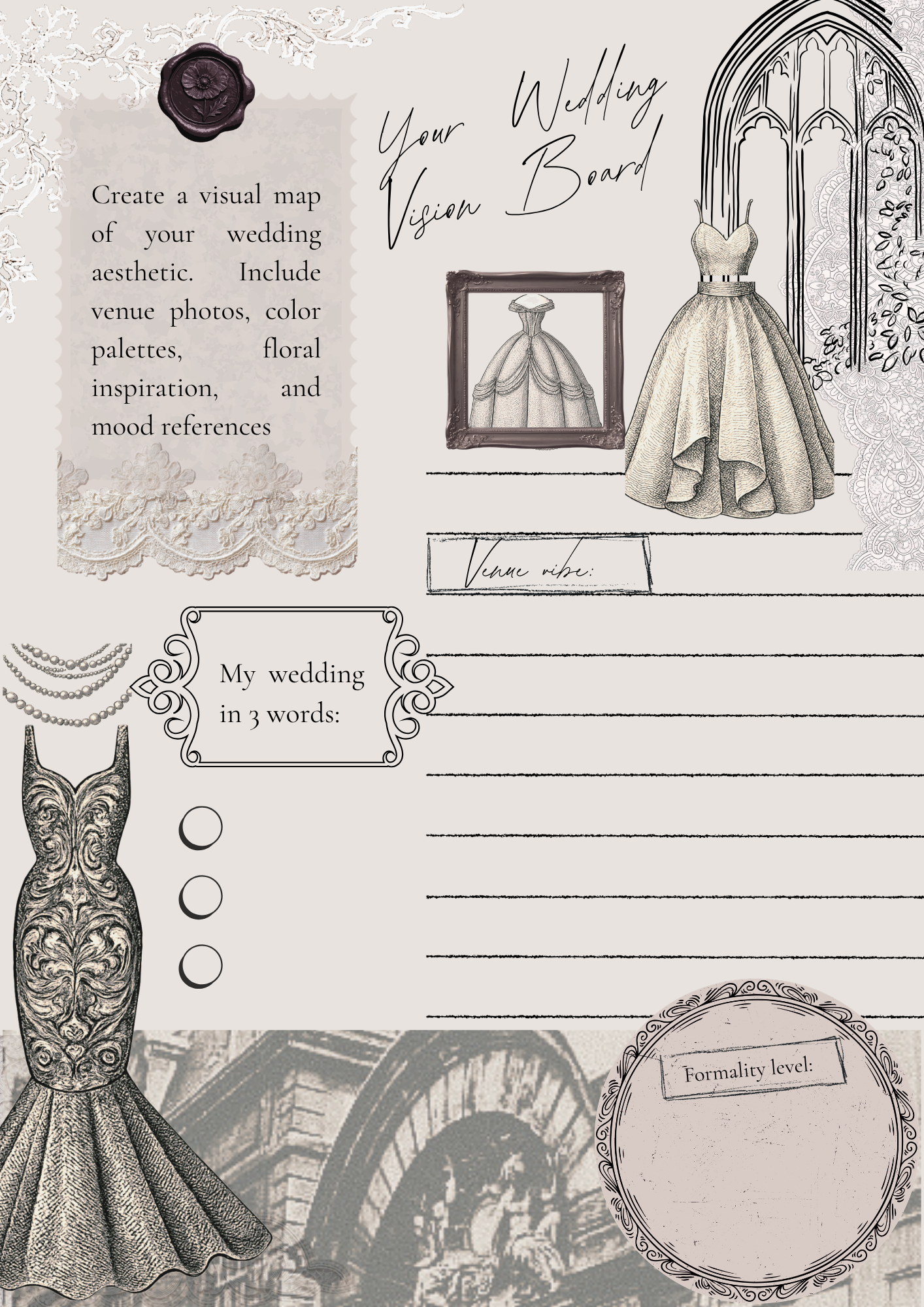 A wedding vision board featuring elegant sketches of a wedding dress, a dress silhouette in a frame, a fox-shaped decorative object, and ornate lace and jewelry illustrations. The board includes sections for notes on venue photos, color palettes, floral inspiration, mood references, and formality level.