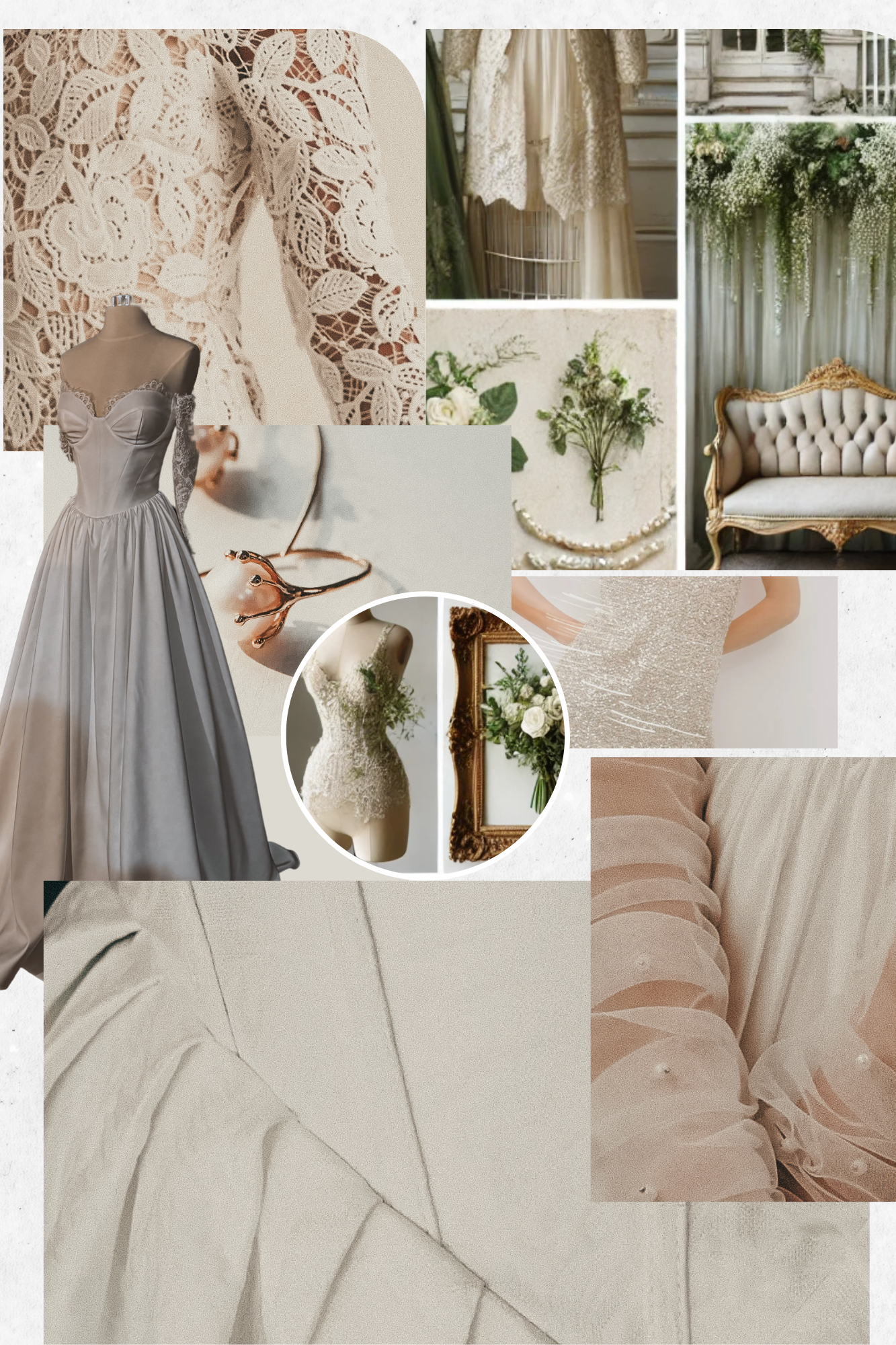 Collage featuring wedding dress, lace fabric, floral arrangements, vintage sofa, and interior decor in soft, neutral tones.