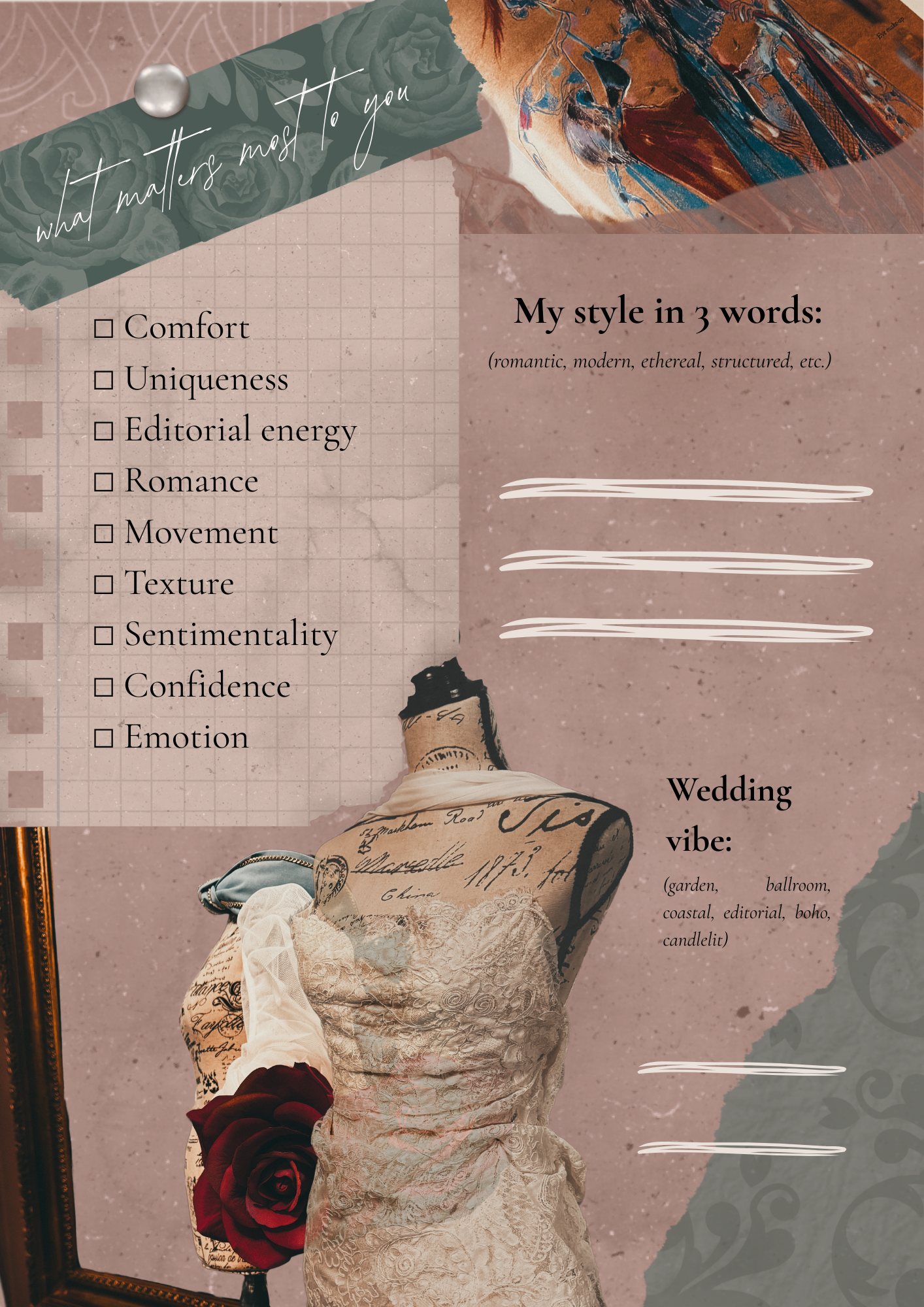 A wedding-themed mood board featuring handwritten-style text overlay, checklist of style attributes, and sections for three-word style and wedding vibe descriptions. The background has a textured pink tone with decorative floral elements and a mirror reflecting a mannequin wearing lace wedding dress and accessories.