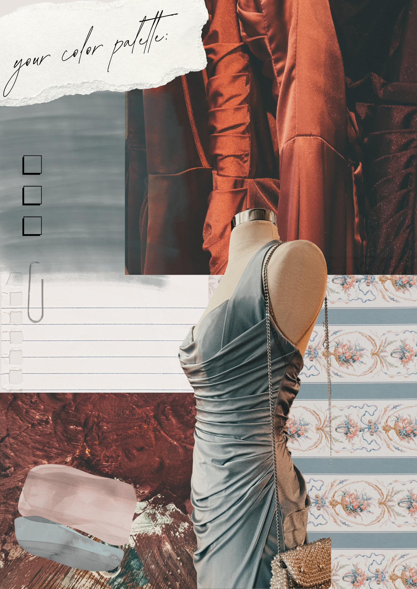 Collage of various textures, patterns, and materials including a torn paper with handwritten text, a fabric with floral print, a piece of marble, a red marble surface, and a metallic bag, with overlapping clothing and fabric elements.
