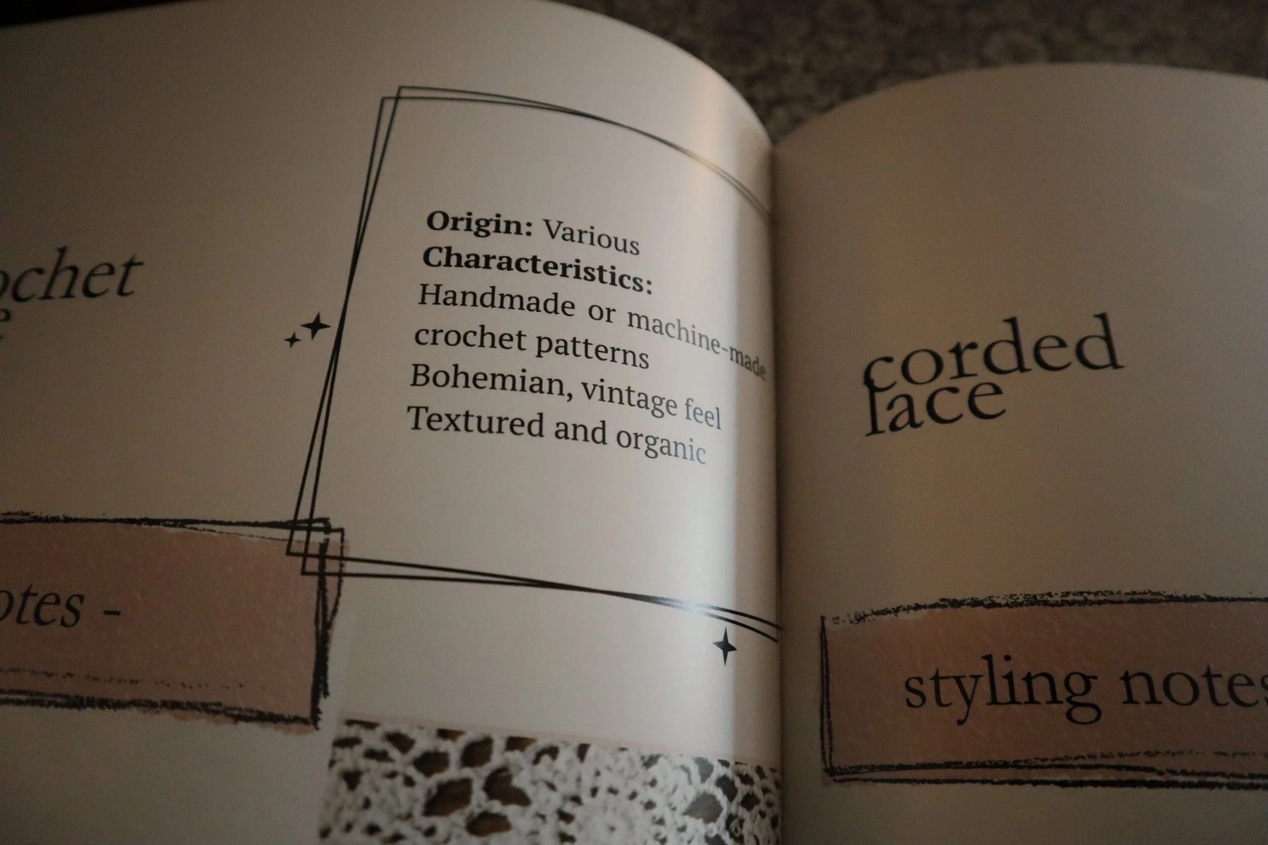 Page from a book or magazine with text describing the origin and characteristics of a handmade or machine-made crochet pattern, mentioning a Bohemian vintage feel, textured and organic style.