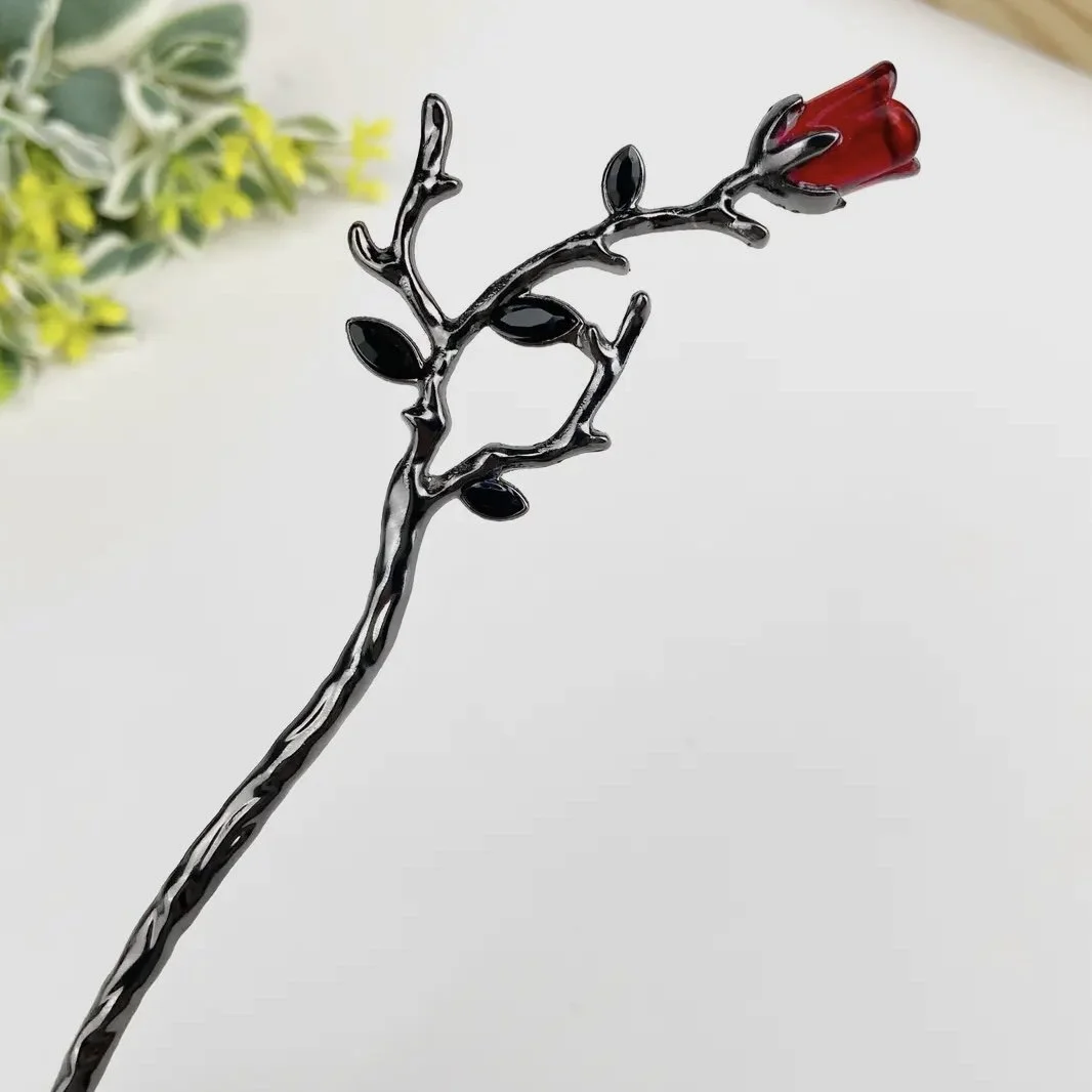 Metal Rose Hairpin in Red