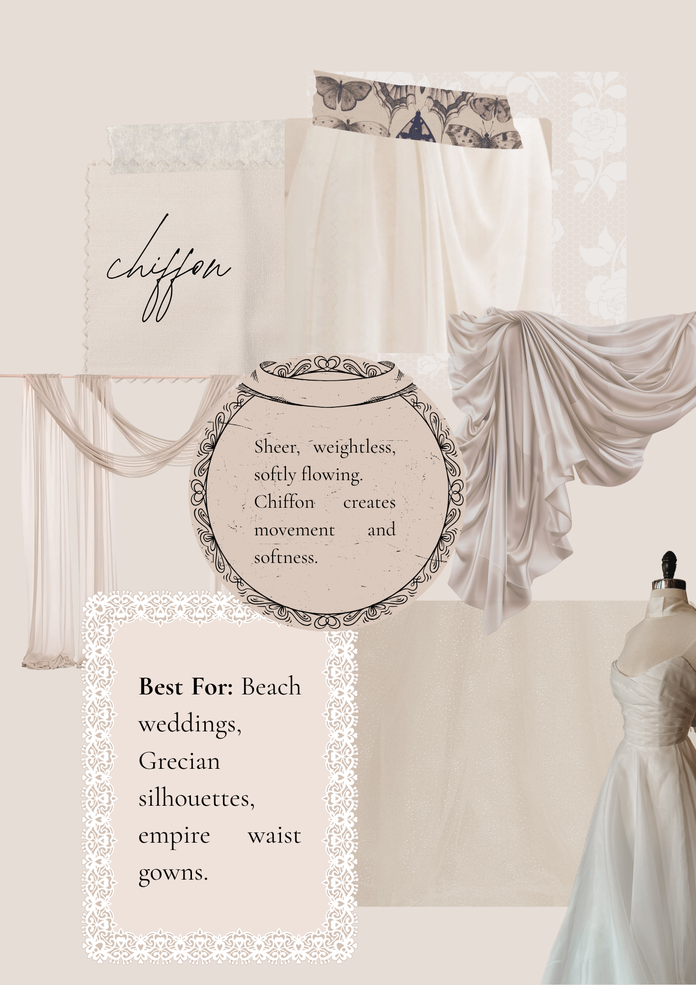 A collection of fabric swatches and costume details for a chiffon dress, featuring draped fabric, lace, and decorative elements, with descriptions indicating its fabric and style suitability.