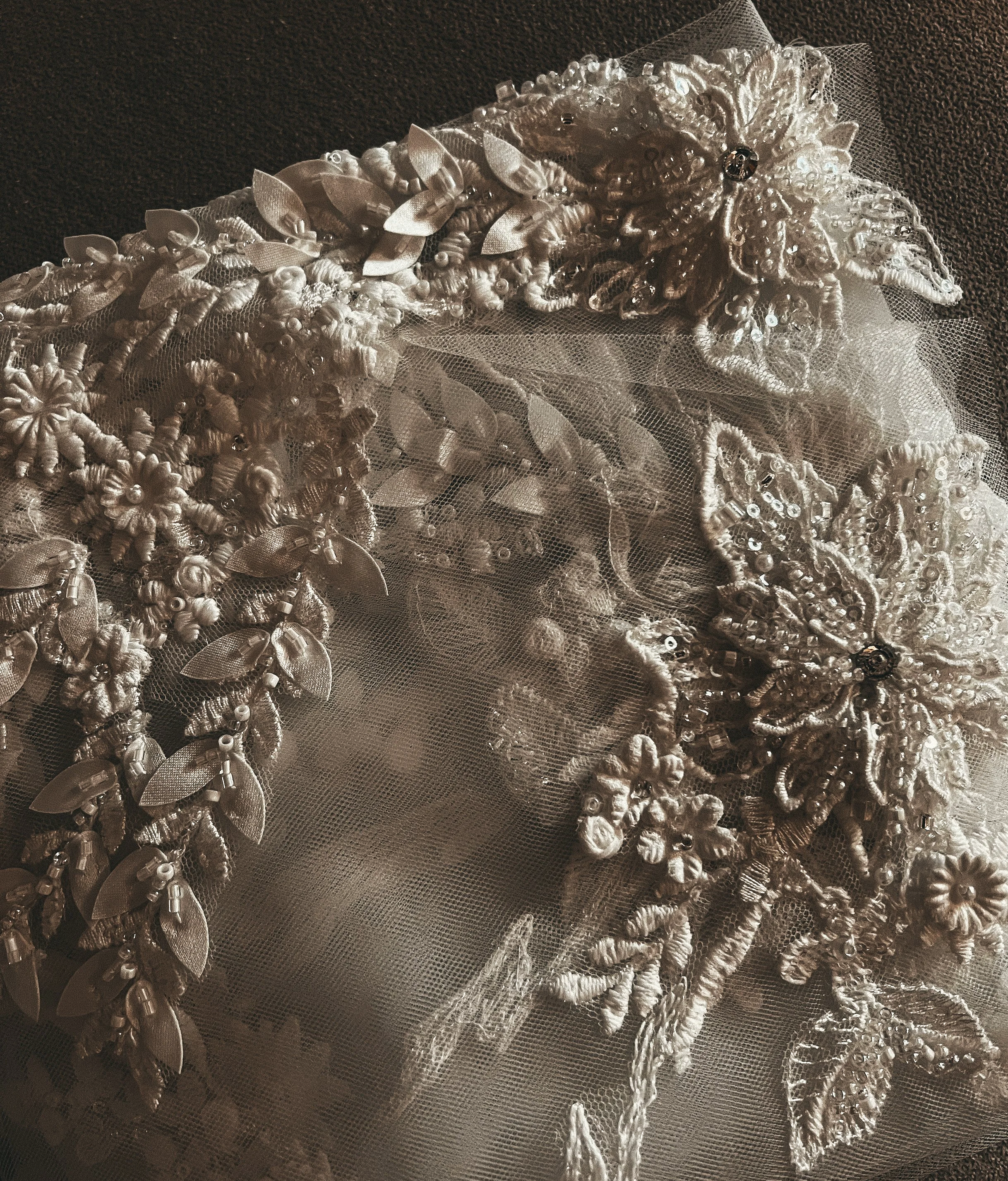 Close-up of an intricate, embellished wedding veil with sequins, beads, and lace floral patterns.