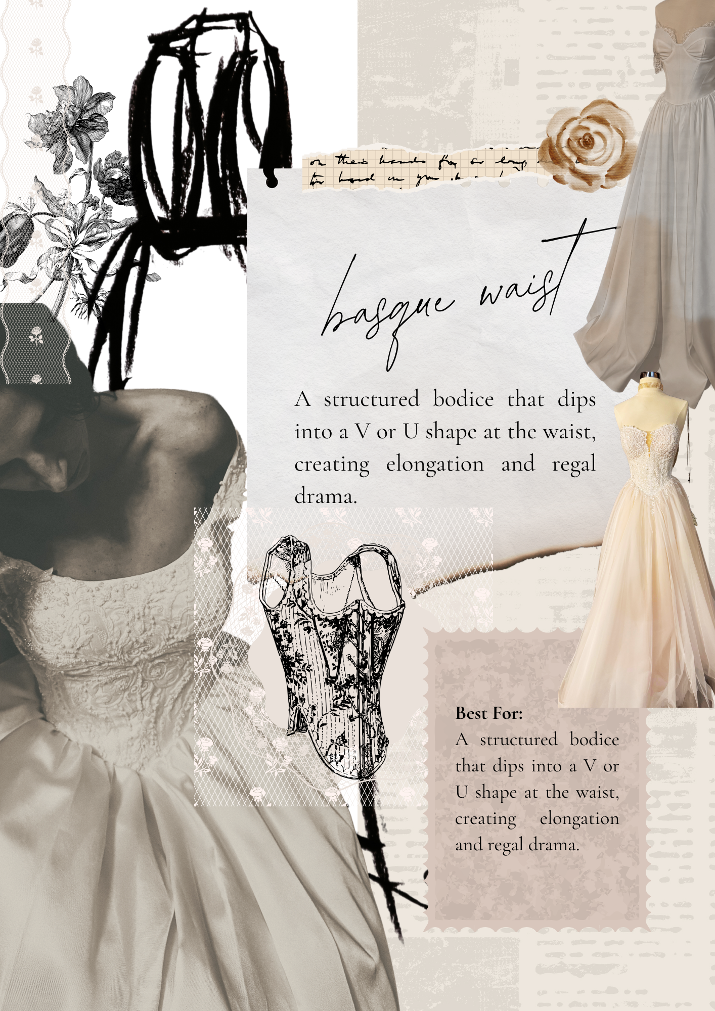 A mixed media collage featuring a black and white photograph of a woman in a lace gown, hand-drawn sketches of a dress form and a corset, a vintage style handwritten note, a watercolor rose, a pink dress, and a beige wedding gown on a dress form. The text discusses a structured bodice for wedding dresses, emphasizing V or U shapes at the waist for elongation and drama.