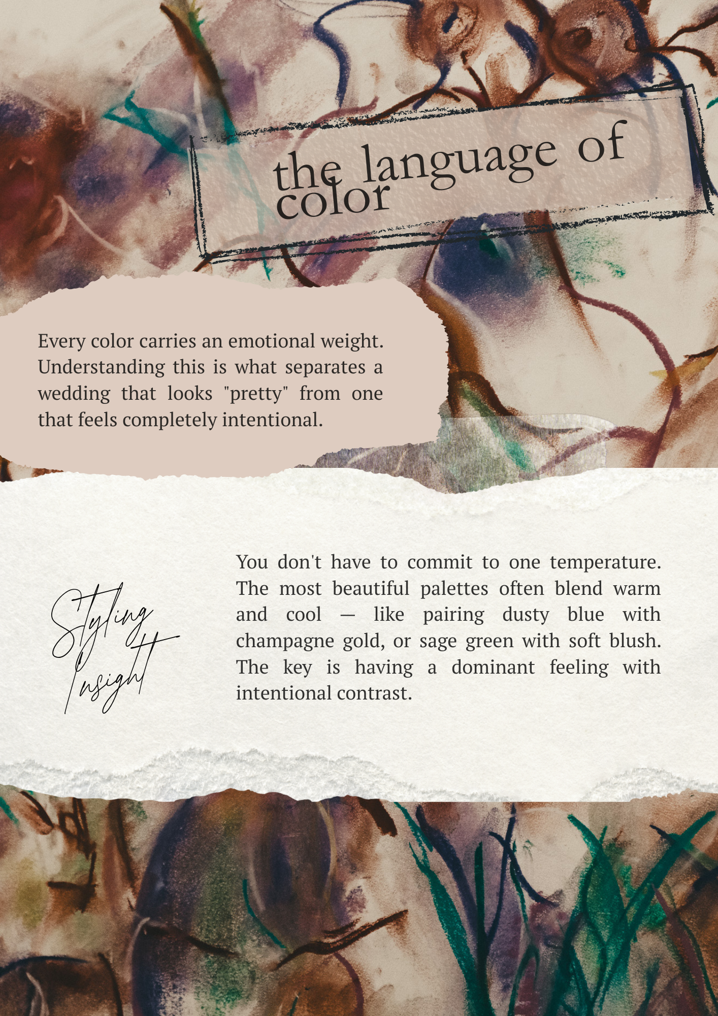 An artistic, watercolor-style image with abstract brown, green, purple, and blue shapes and brushstrokes. Overlaying the artwork is the text 'the language of color' with a background of torn paper and handwritten words 'Styling in sight'.