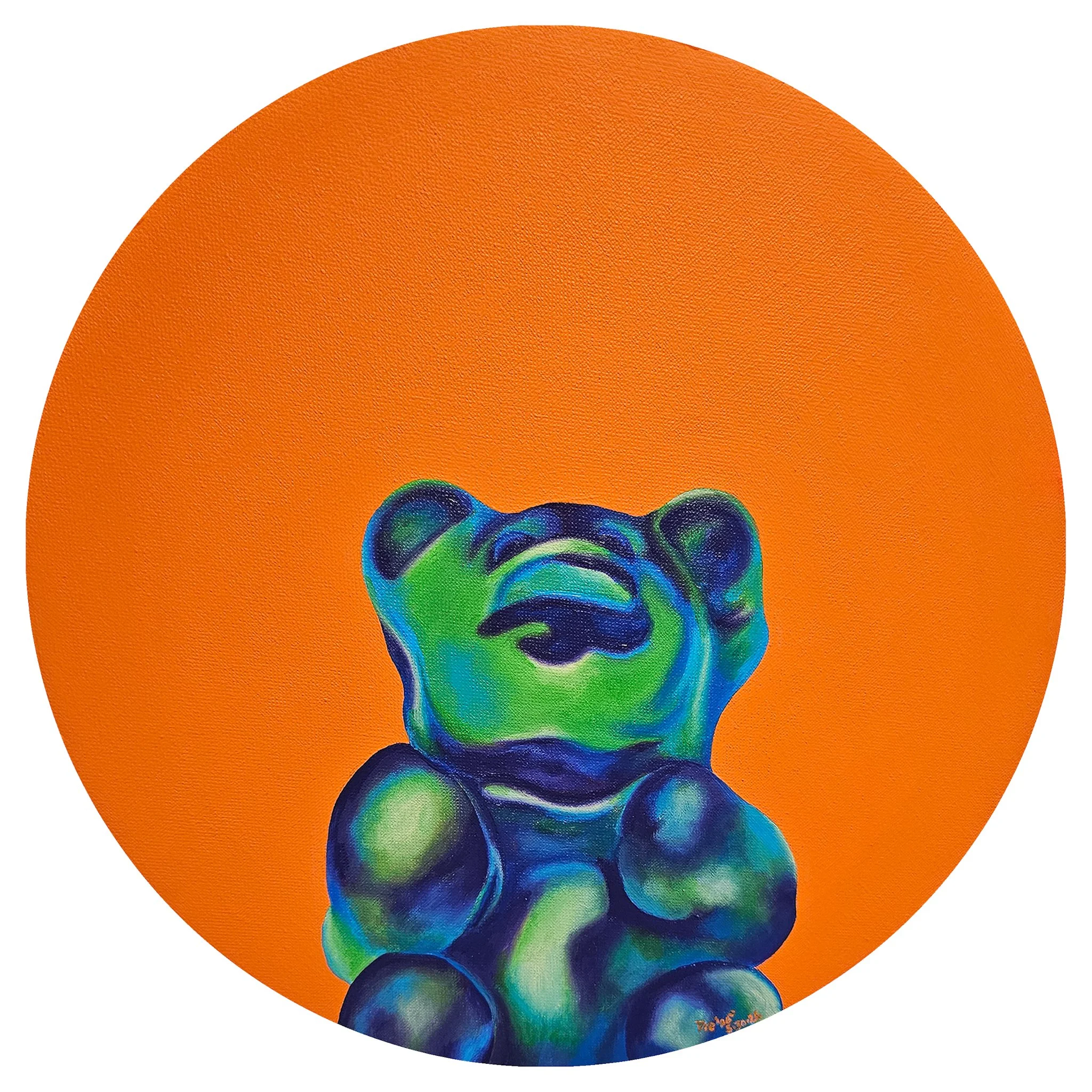 Green Blue Gummy Bear- 14 x14- Acrylic on Round Canvas