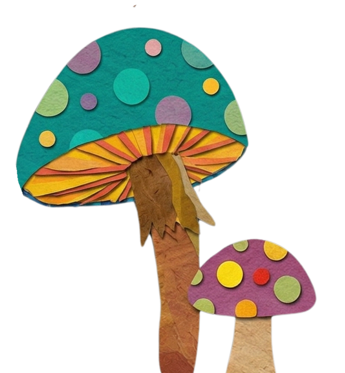 Construction paper cutout of mushrooms with polka dot caps and textured stems.