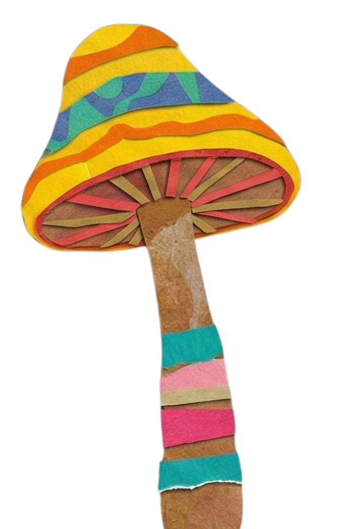Construction paper cutout of a mushroom with a striped multicoloured cap and a banded stem.