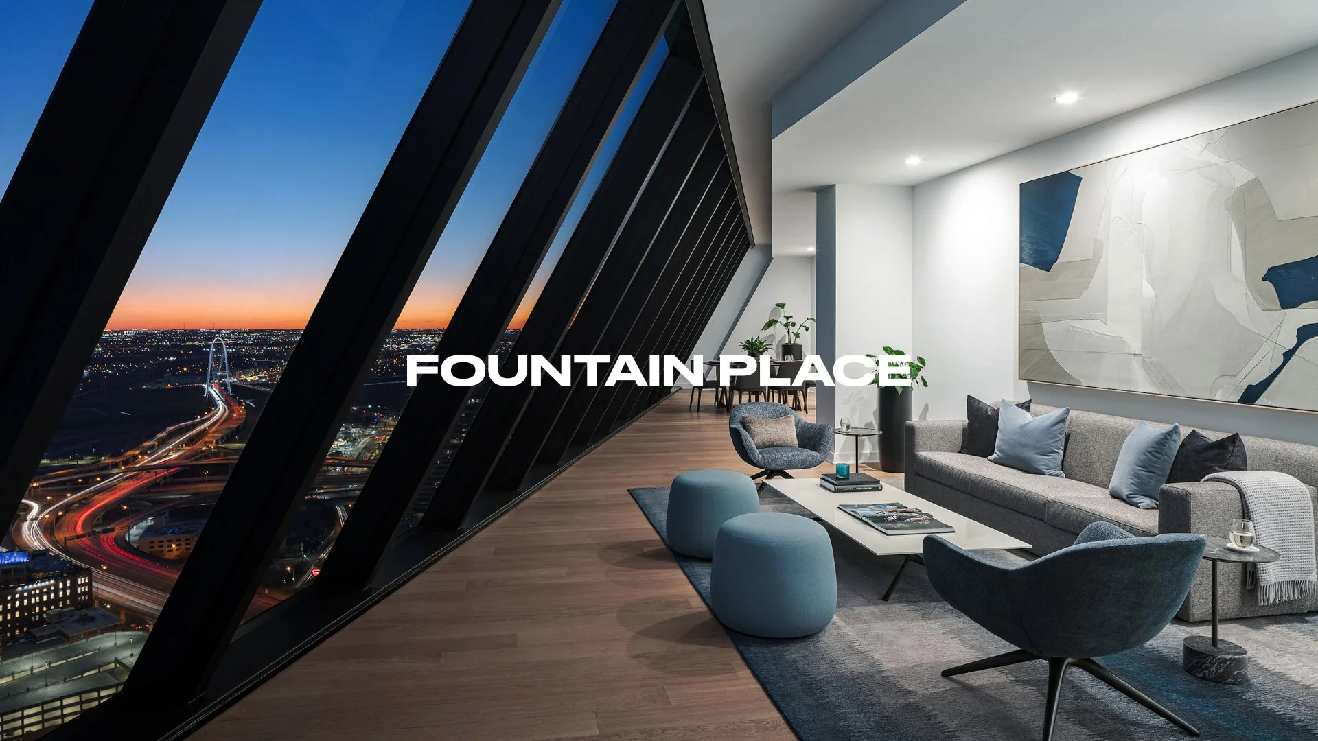 Fountain Place logo over show unit interior