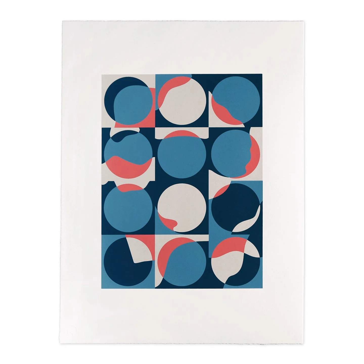 12 Moons print — twelve circular forms shifting within a rigid grid
