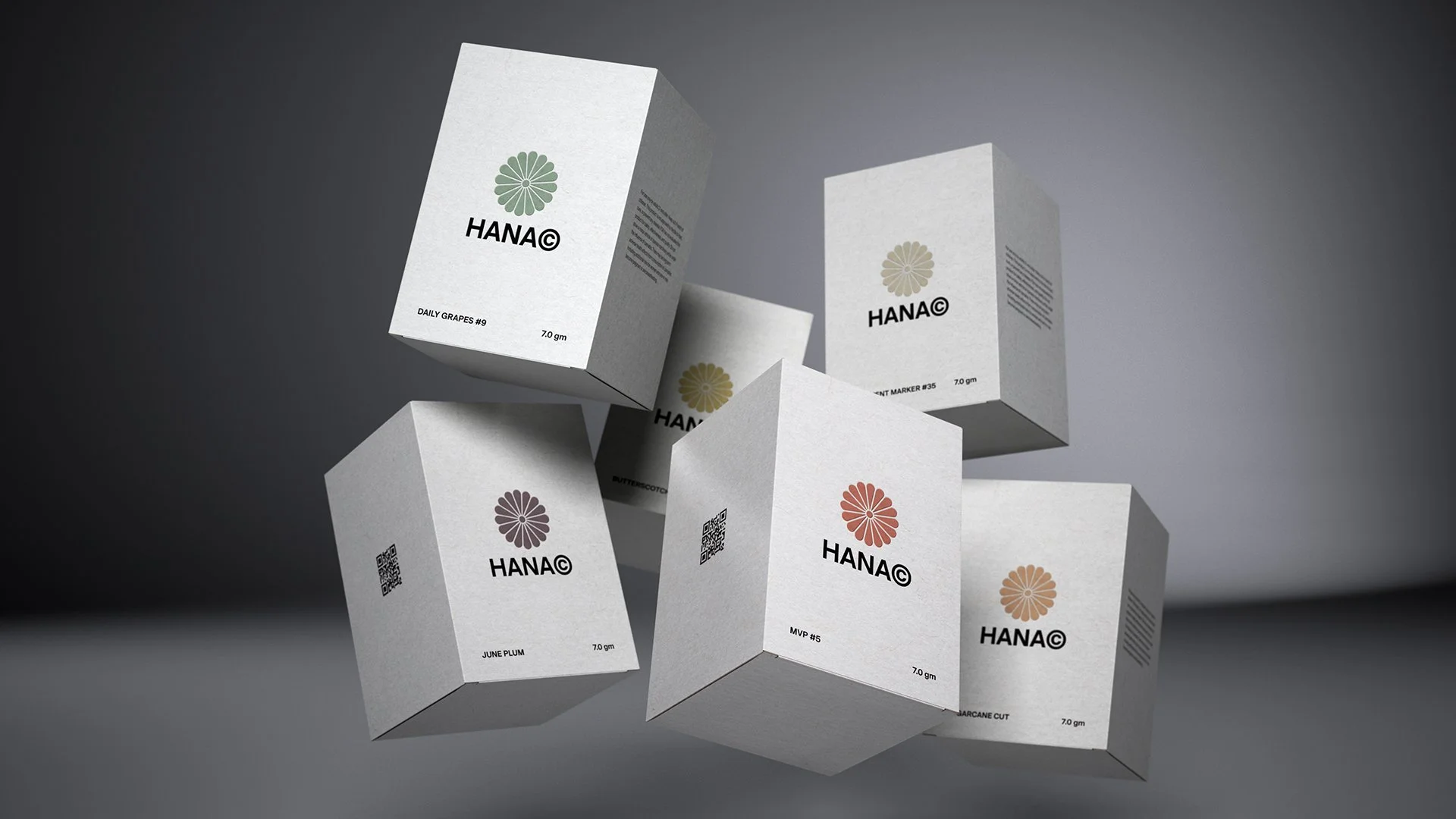 Hana Cannabis packaging suite, strain color system
