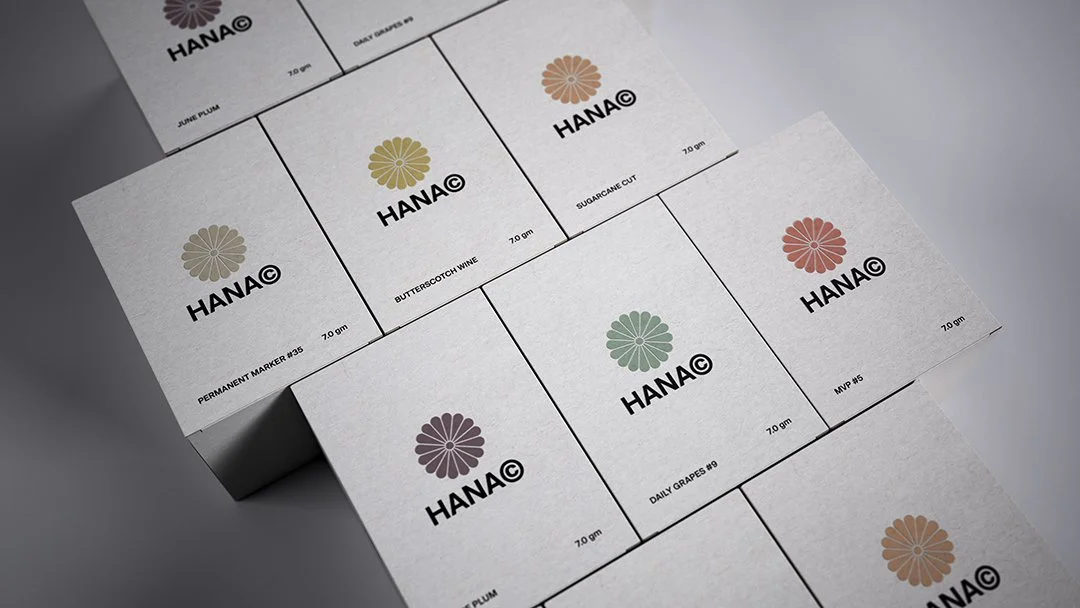 Hana Cannabis packaging suite, strain color system