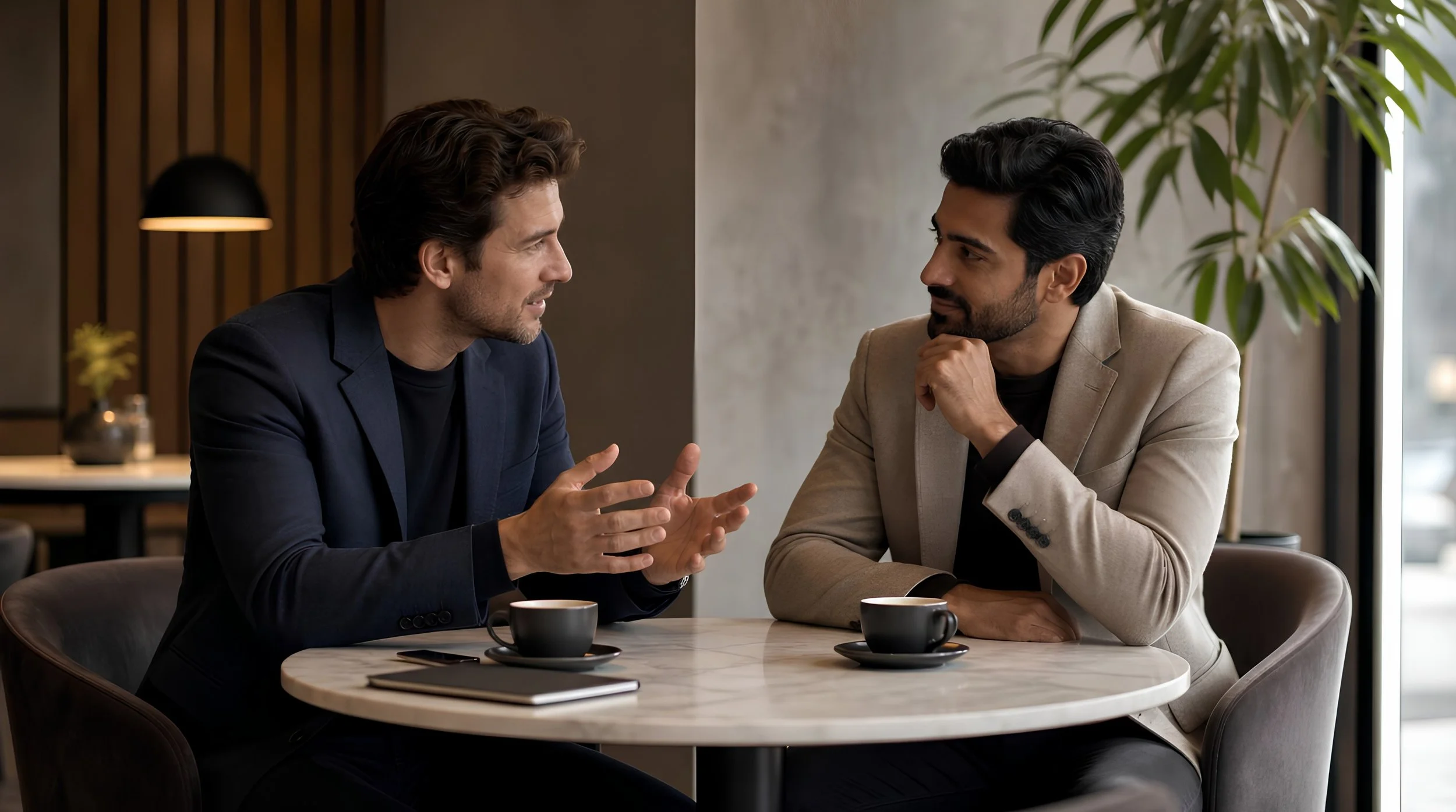 two men talking sitting at a table