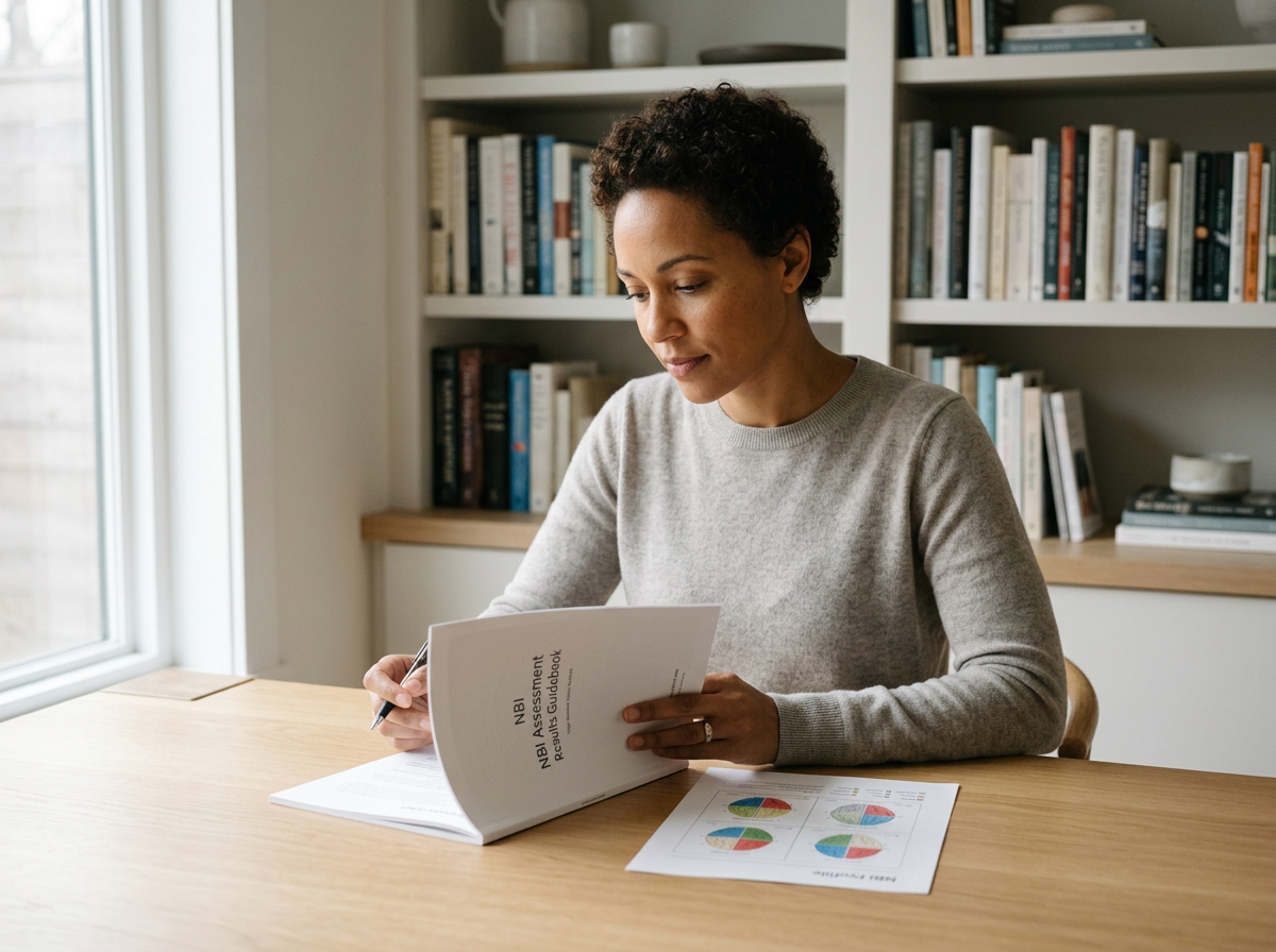 A woman sitting at a wooden desk, reading a document titled 'NBI Assessment Pages' with charts and graphs, in a room with a bookshelf filled with books in the background.