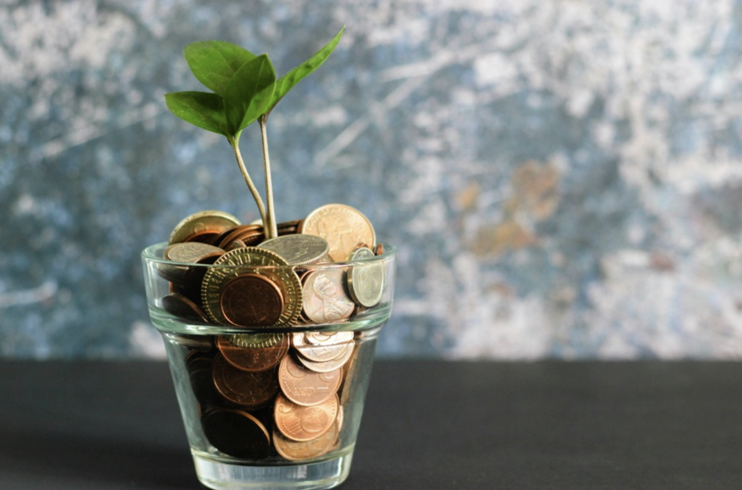 glass filled with foreign coins with a leaf on top