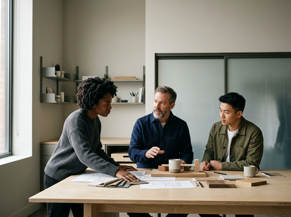 Three people having a discussion at a table in a modern office space, with materials, coffee mugs, and a wooden model on the table.