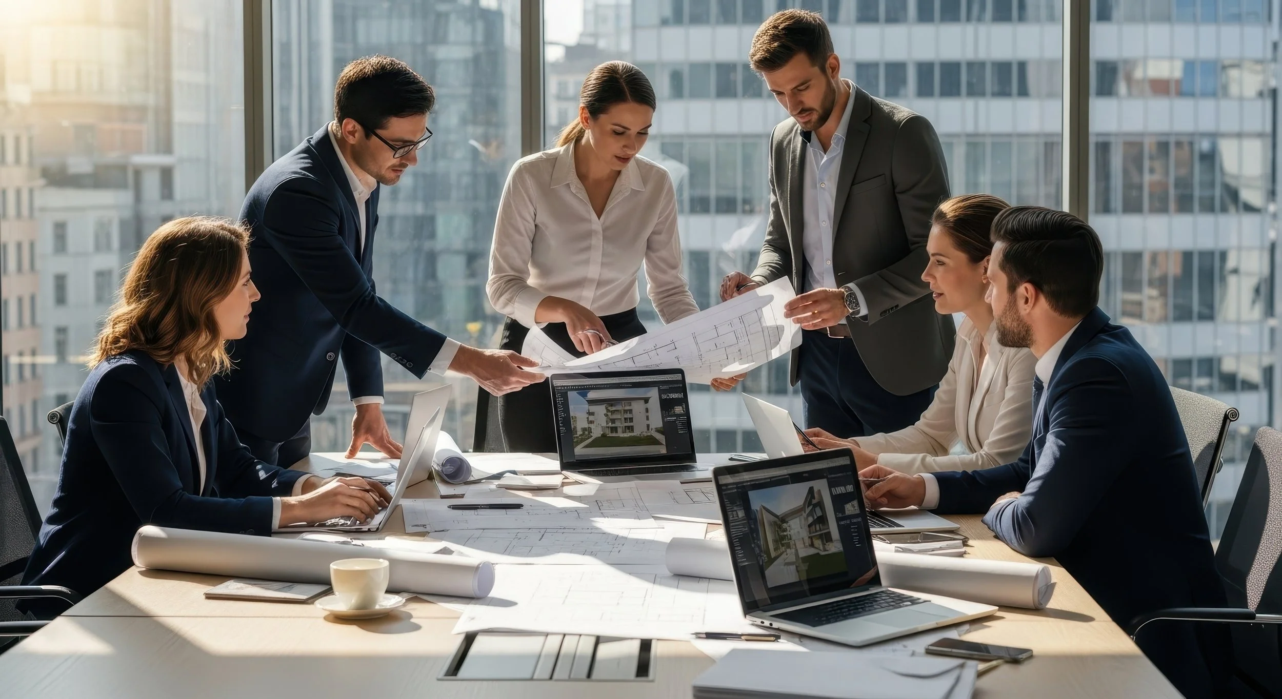 Business team in a modern office discussing architectural plans, with laptops and design images on the table.