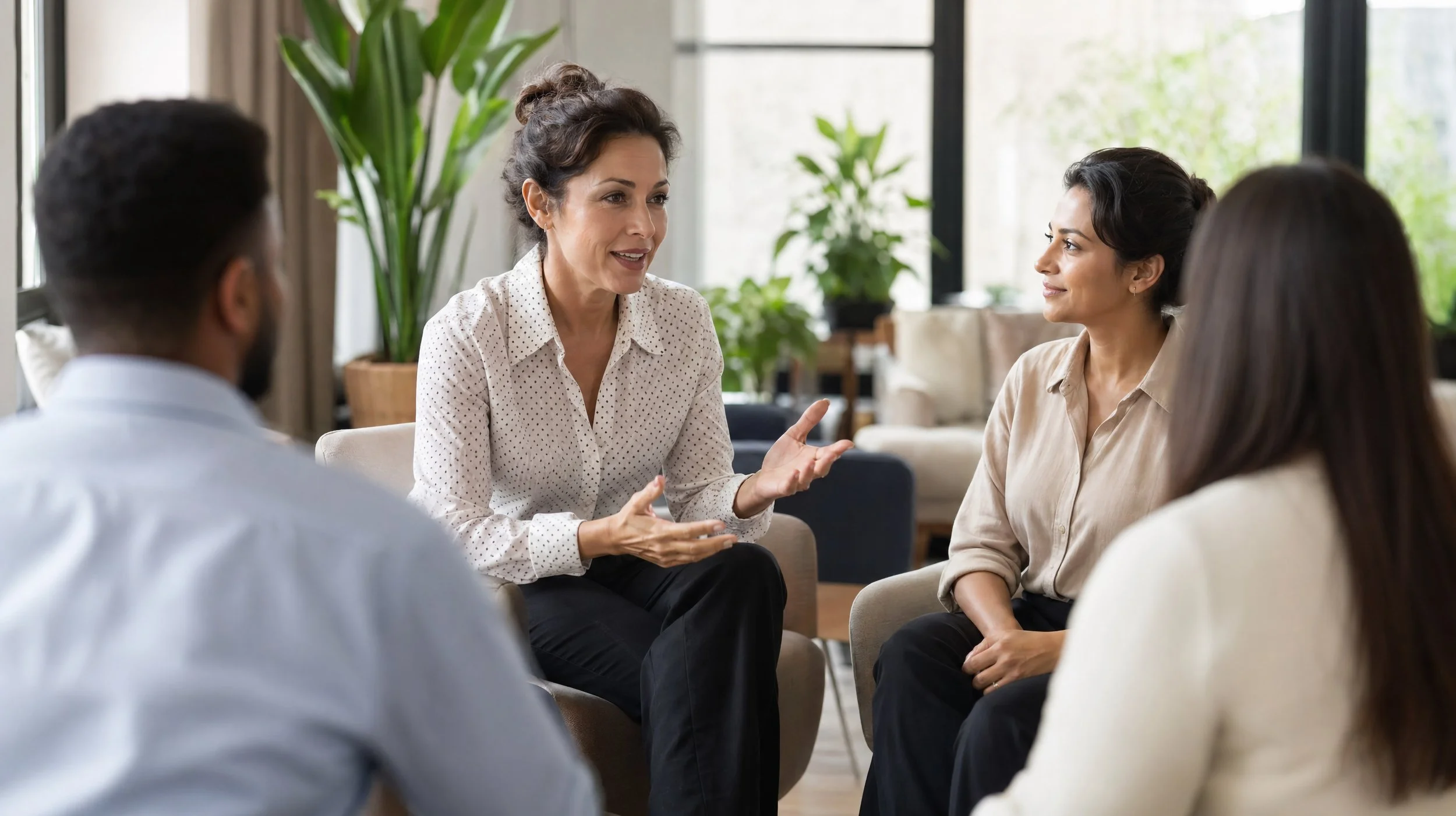 woman seated talking to a group of people