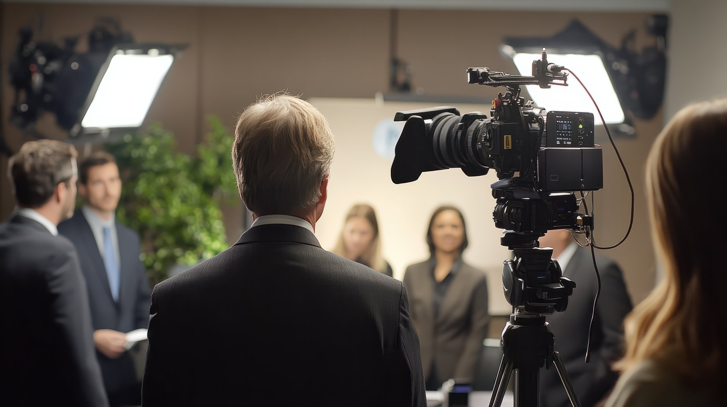 A behind-the-scenes view of a video production or interview, with a large professional camera focused on a group of people in a studio. The scene includes lighting equipment and a blurred background of individuals.