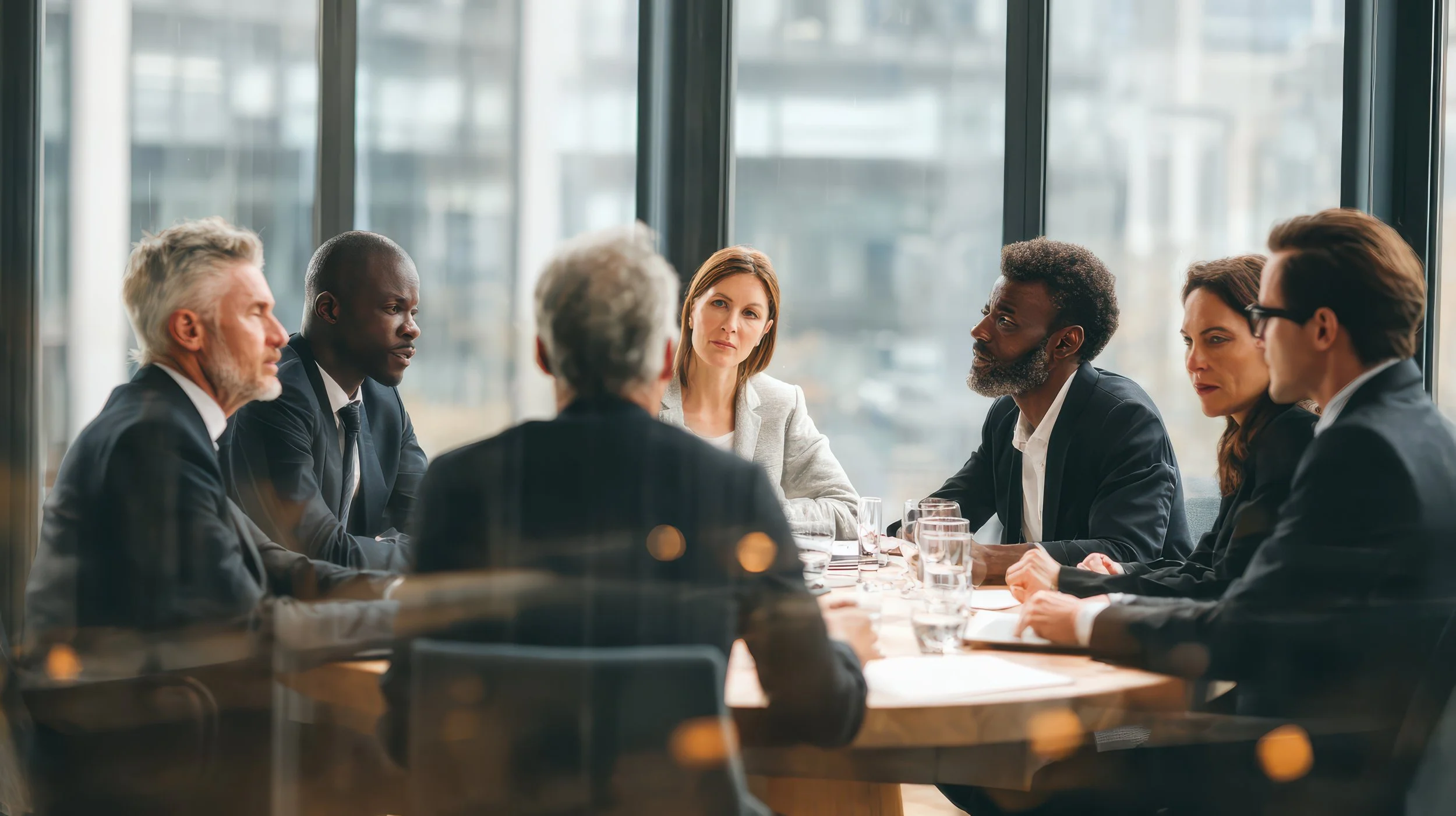 Executive Meeting with 6 people sitting at a round table