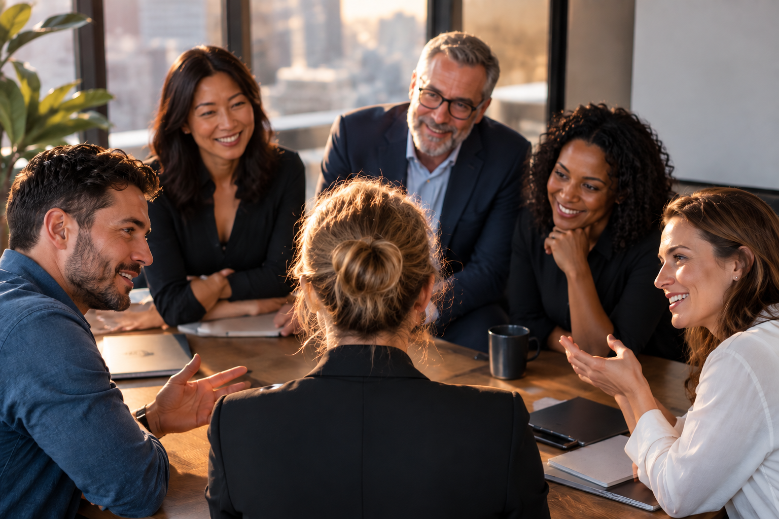people sitting at a round table listening to a woman