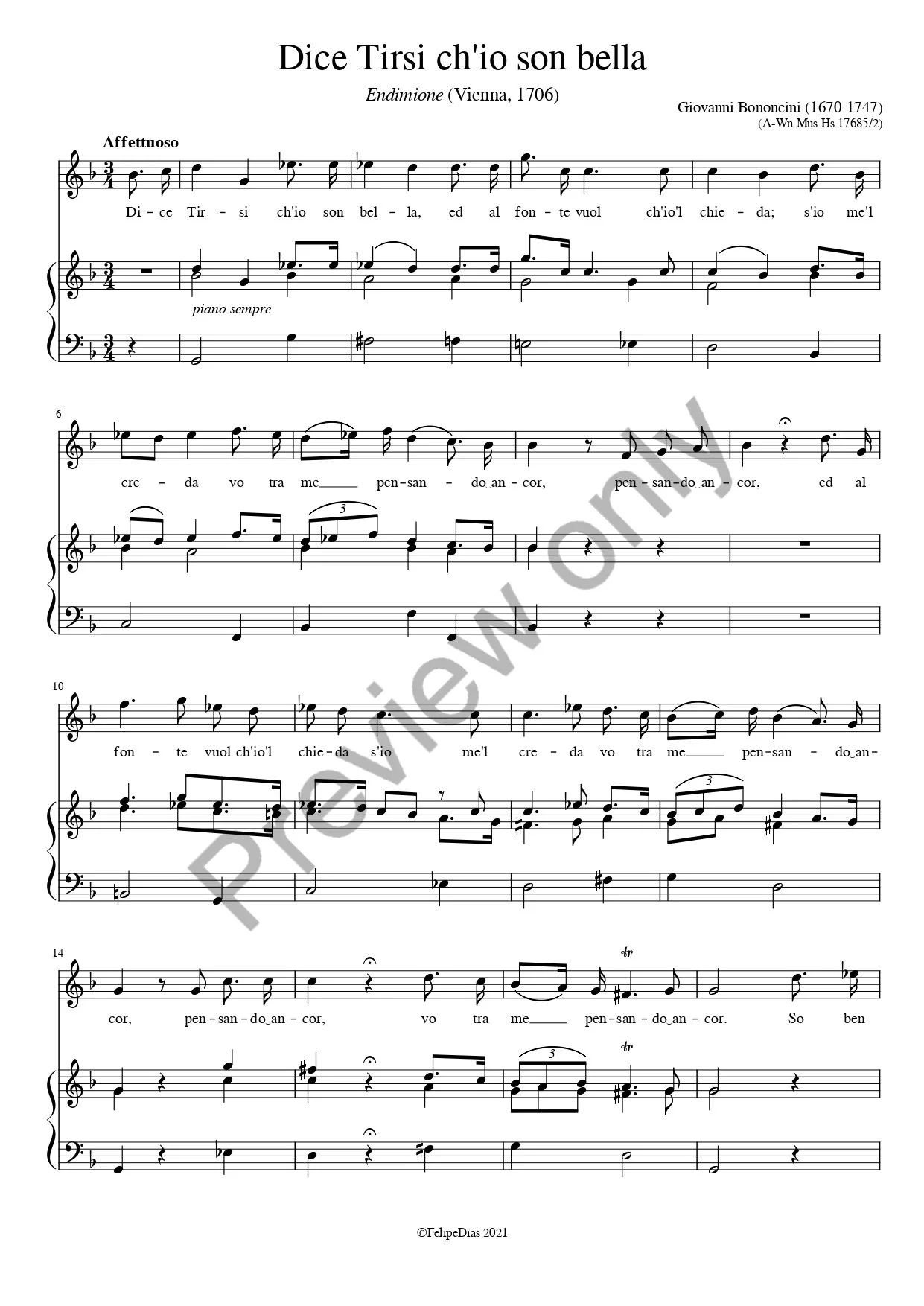 Giovanni  Bononcini: Dice Tirsi ch'io son bella (Vocal score/piano reduction)