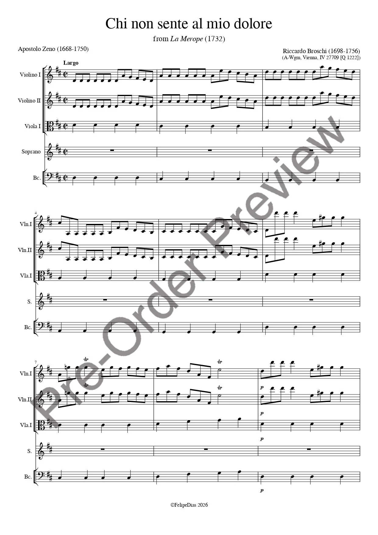 PRE-ORDER - Riccardo Broschi: Chi non sente al mio dolore (Merope, 1732)