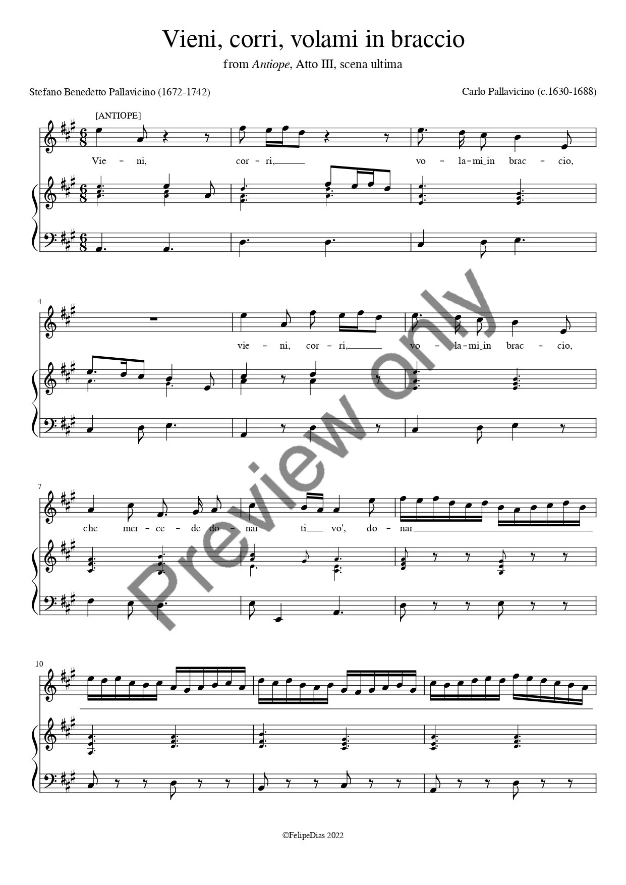 Carlo Pallavicino: Vieni, corri, volami in braccio (Vocal score/piano reduction)