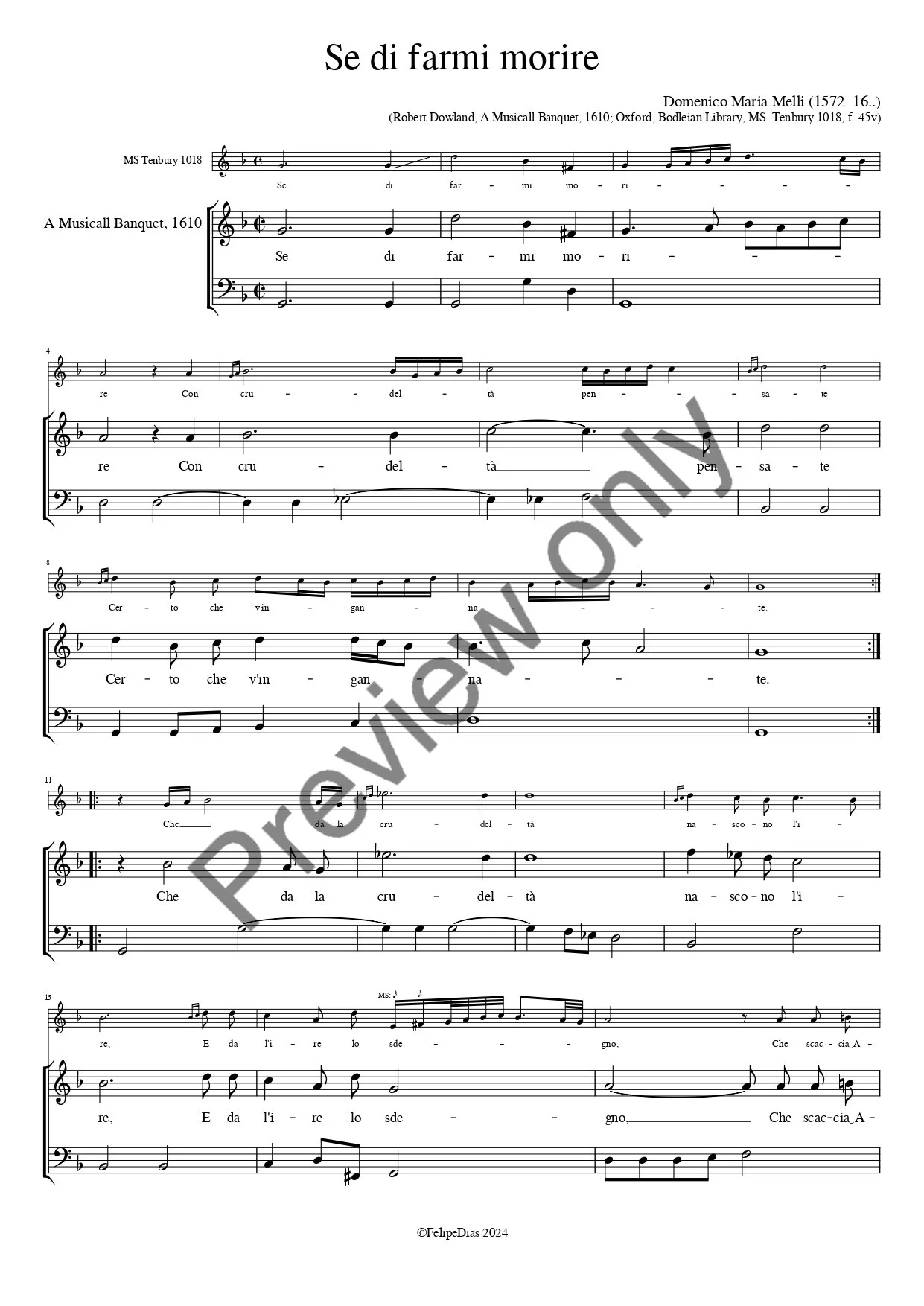 Domenico Maria Melli: Se di farmi morire (Ornamented version from MS Tenbury 1018)