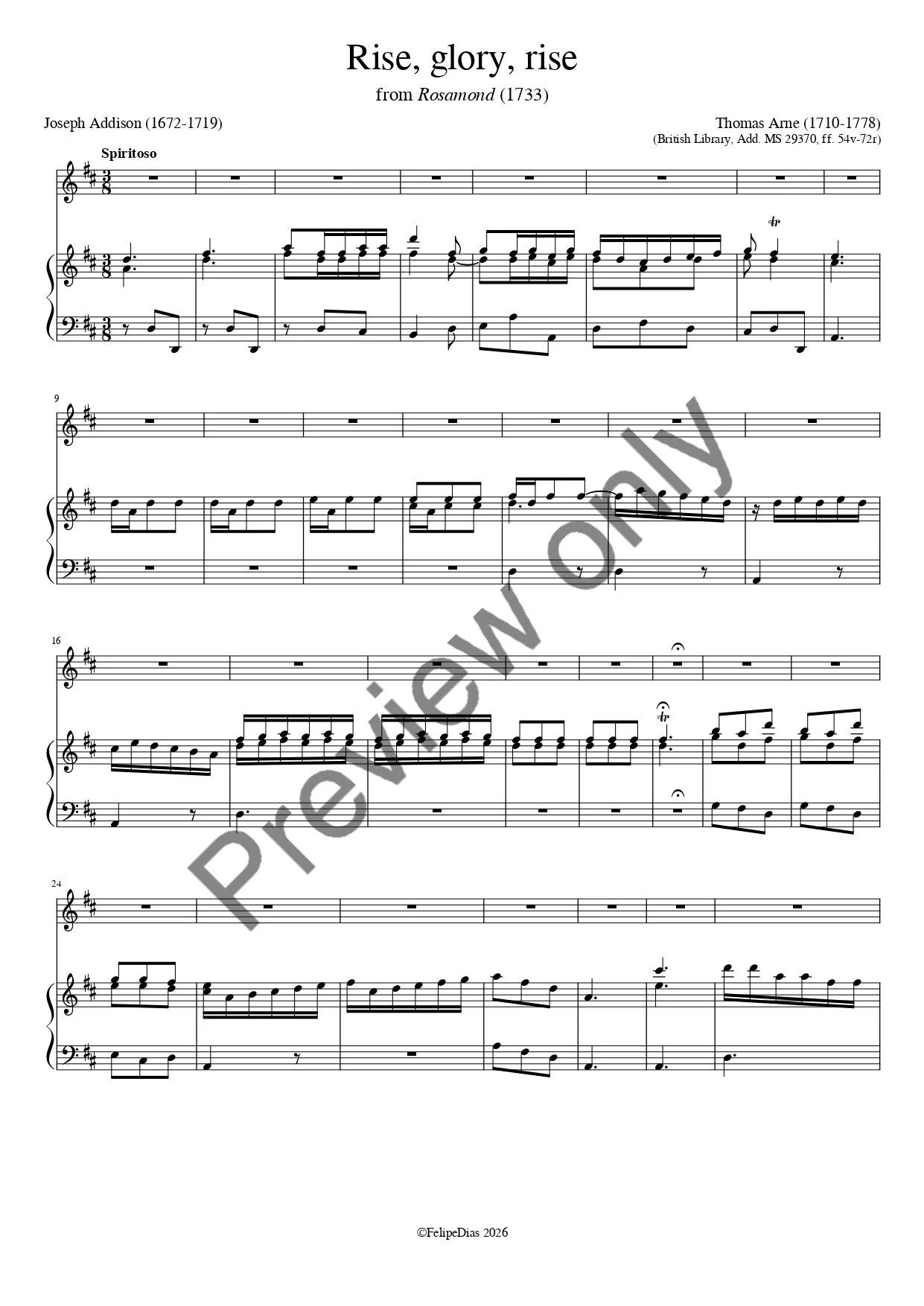 Thomas Arne: Rise, glory, rise (Vocal score/piano reduction)